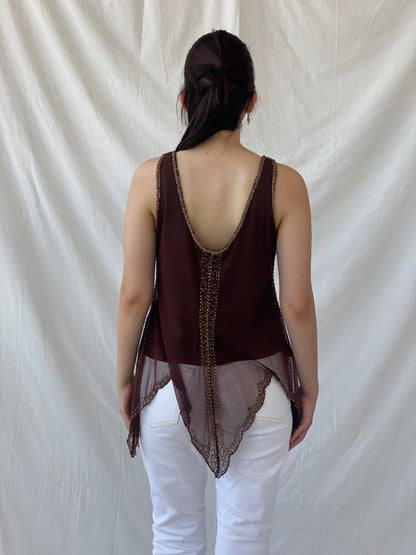 Vintage Wallis Brown Beaded Sequined Sleeveless Fairy Core Mesh Top - L - Balagan Vintage Sleeveless Top 00s, Ayah, beaded, NEW IN, summer, women top