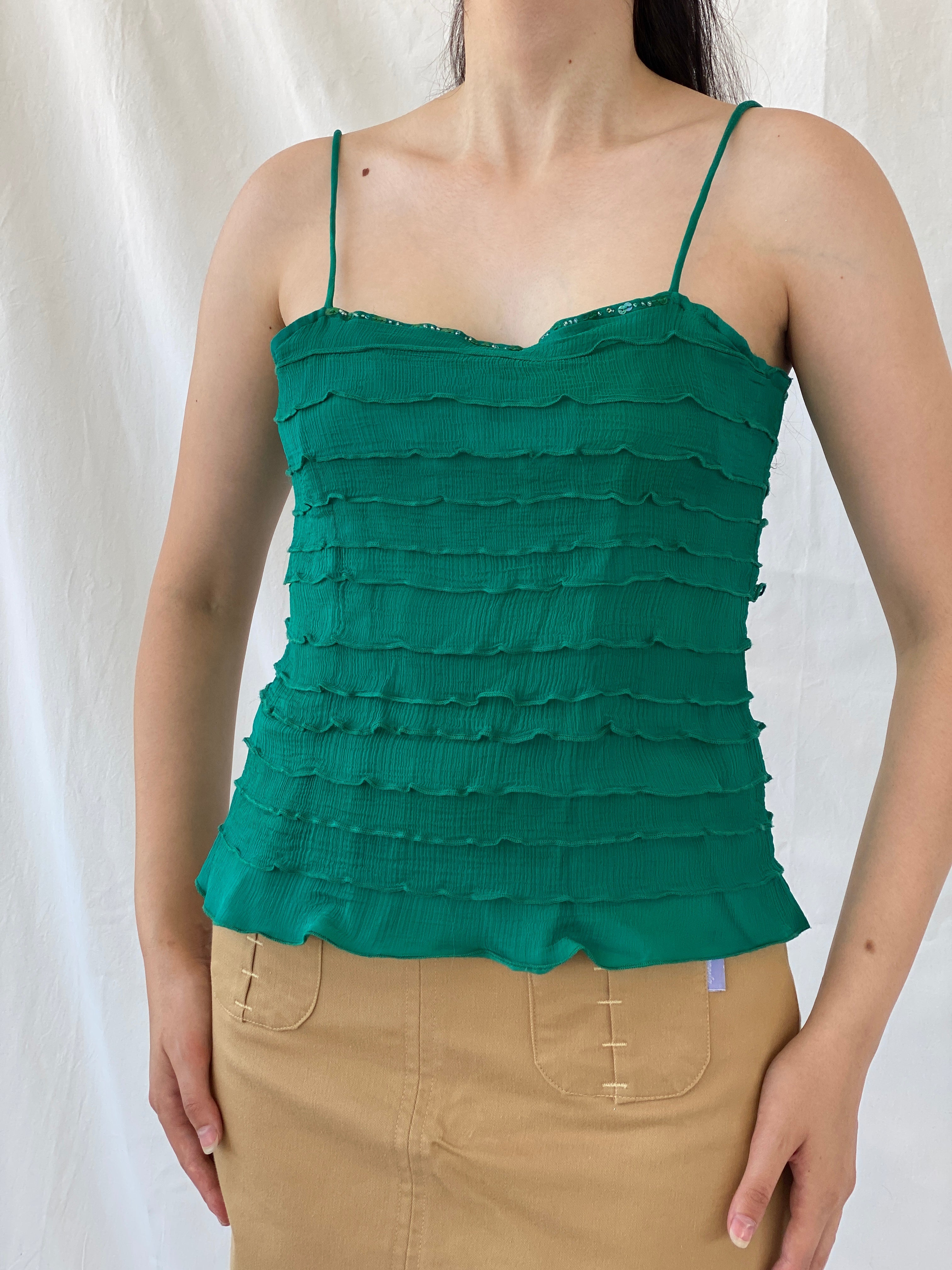 Vintage Wallis Green Ruffle Viscose Cami Top Y2K Party Camisole - L - Balagan Vintage Cami 00s, Ayah, beaded, Cami, NEW IN, summer, women top