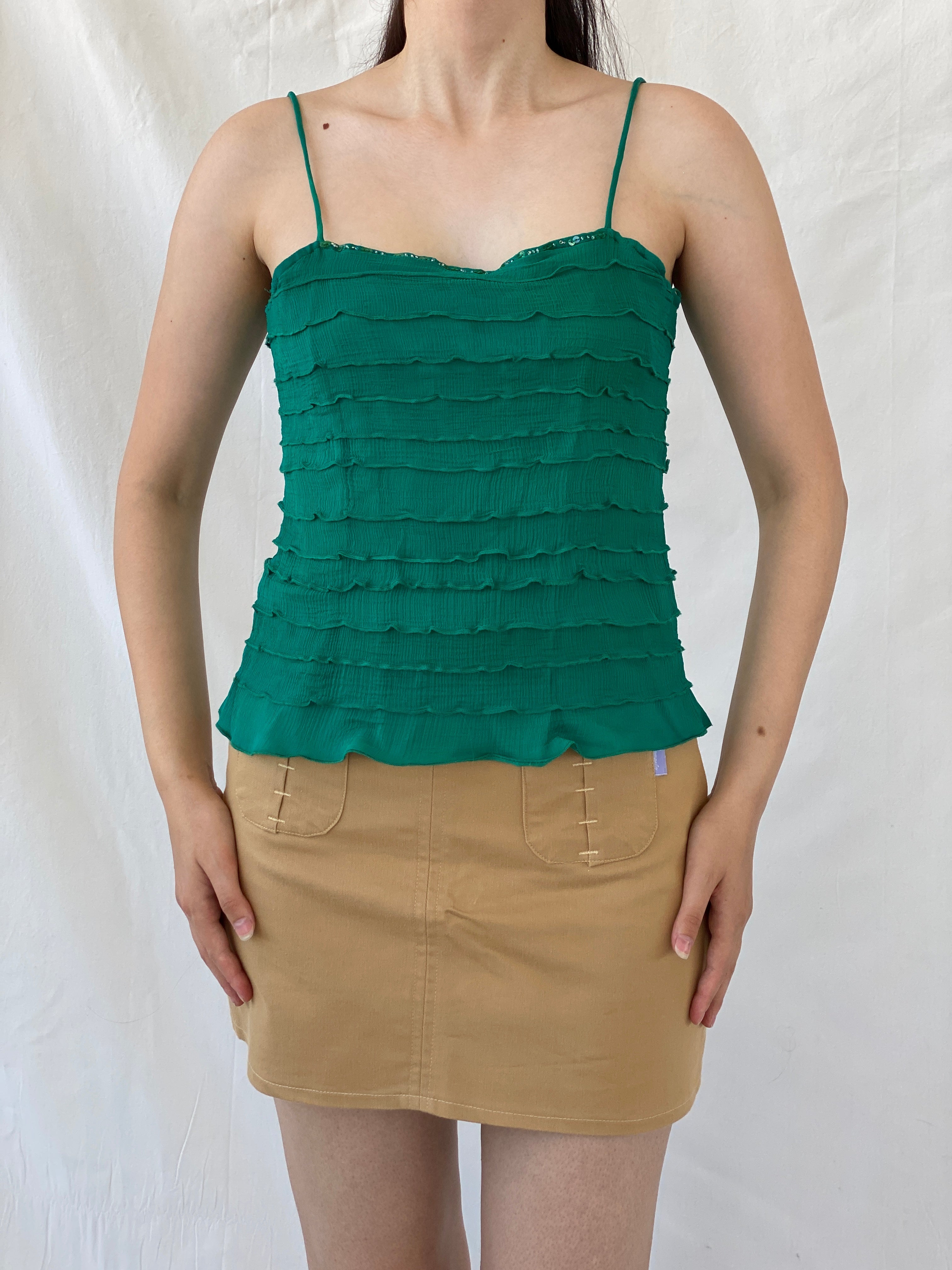 Vintage Wallis Green Ruffle Viscose Cami Top Y2K Party Camisole - L - Balagan Vintage Cami 00s, Ayah, beaded, Cami, NEW IN, summer, women top