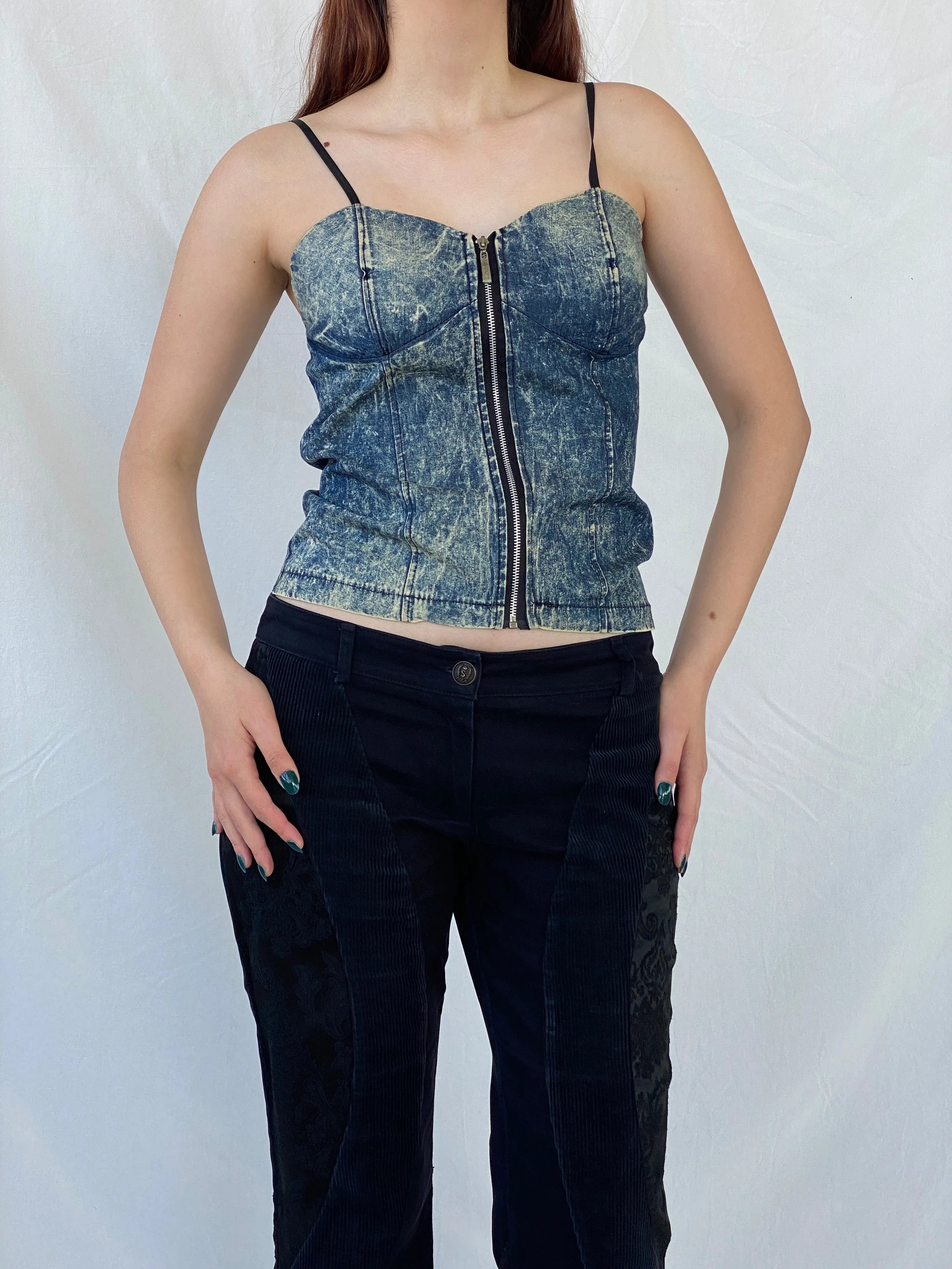 Vintage Wash Denim Blue Corset with Zipper and Adjustable Straps - M - Balagan Vintage Sleeveless Top 00s, 90s, Ayah, corset, denim, denim top, sleeveless top