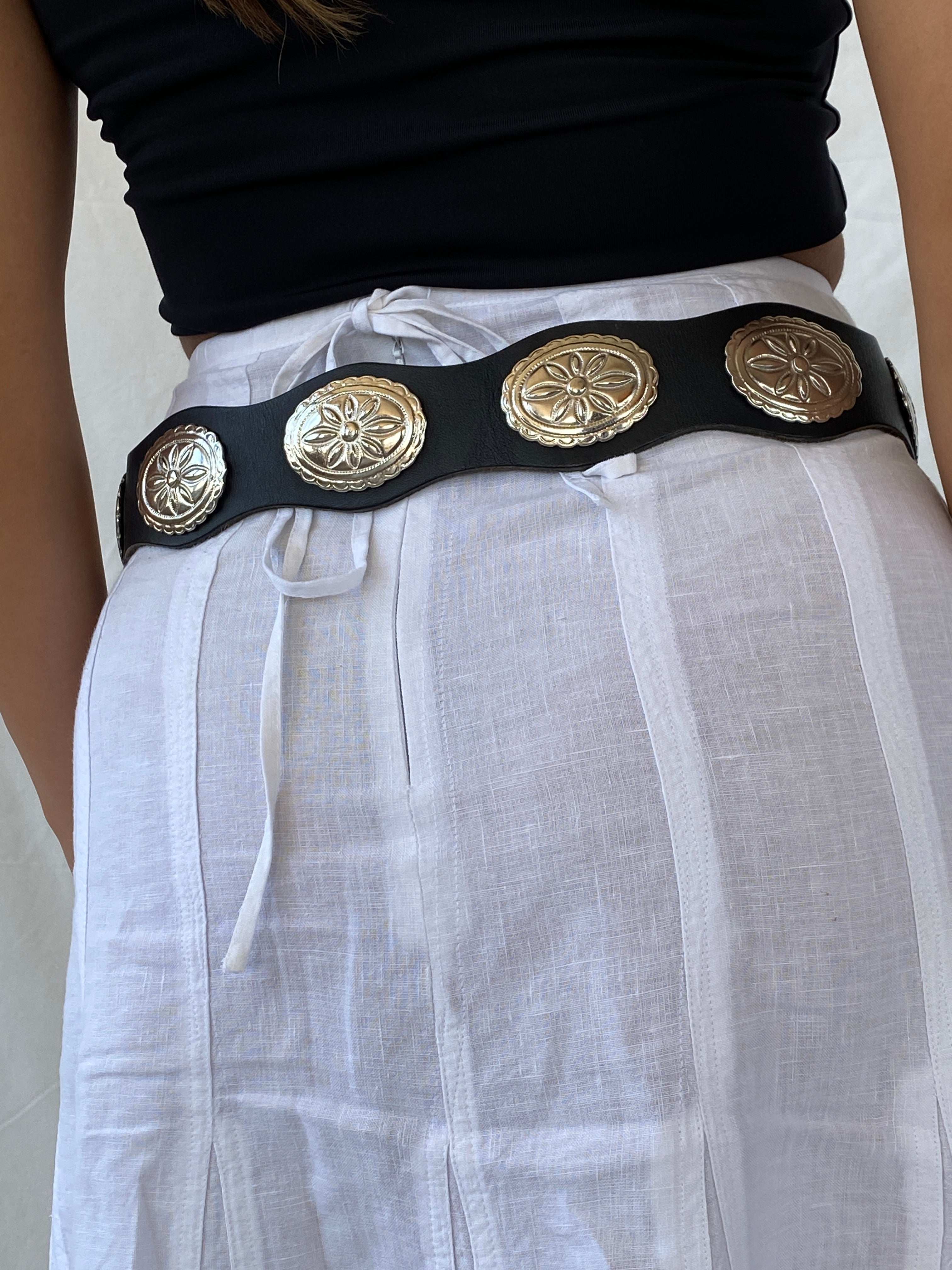 Vintage Western/Grunge Cowboy Silver Concho Black Leather Belt - Balagan Vintage 80s, belt, cowboy, Lana, new, rare find, rare vintage