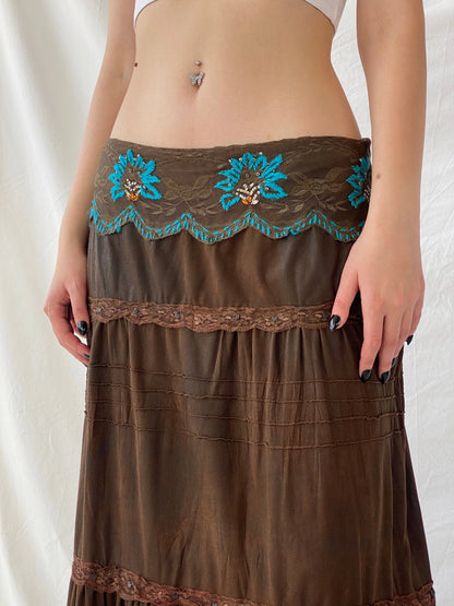 Vintage Whimsygoth Tiered Gypsy Lace Layered Brown Skirt with Blue Floral Embroidery - XL - Balagan Vintage Maxi Skirt Ayah, consignment, Dana, maxi skirt, winter