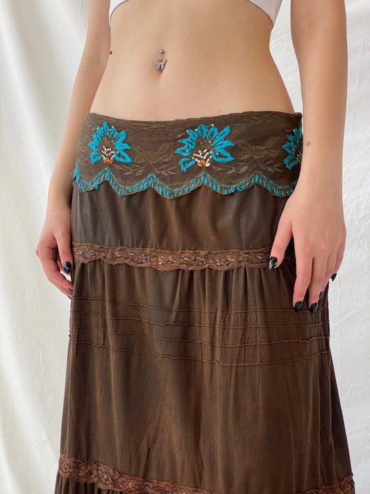 Vintage Whimsygoth Tiered Gypsy Lace Layered Brown Skirt with Blue Floral Embroidery - XL - Balagan Vintage Maxi Skirt Ayah, consignment, Dana, maxi skirt, winter