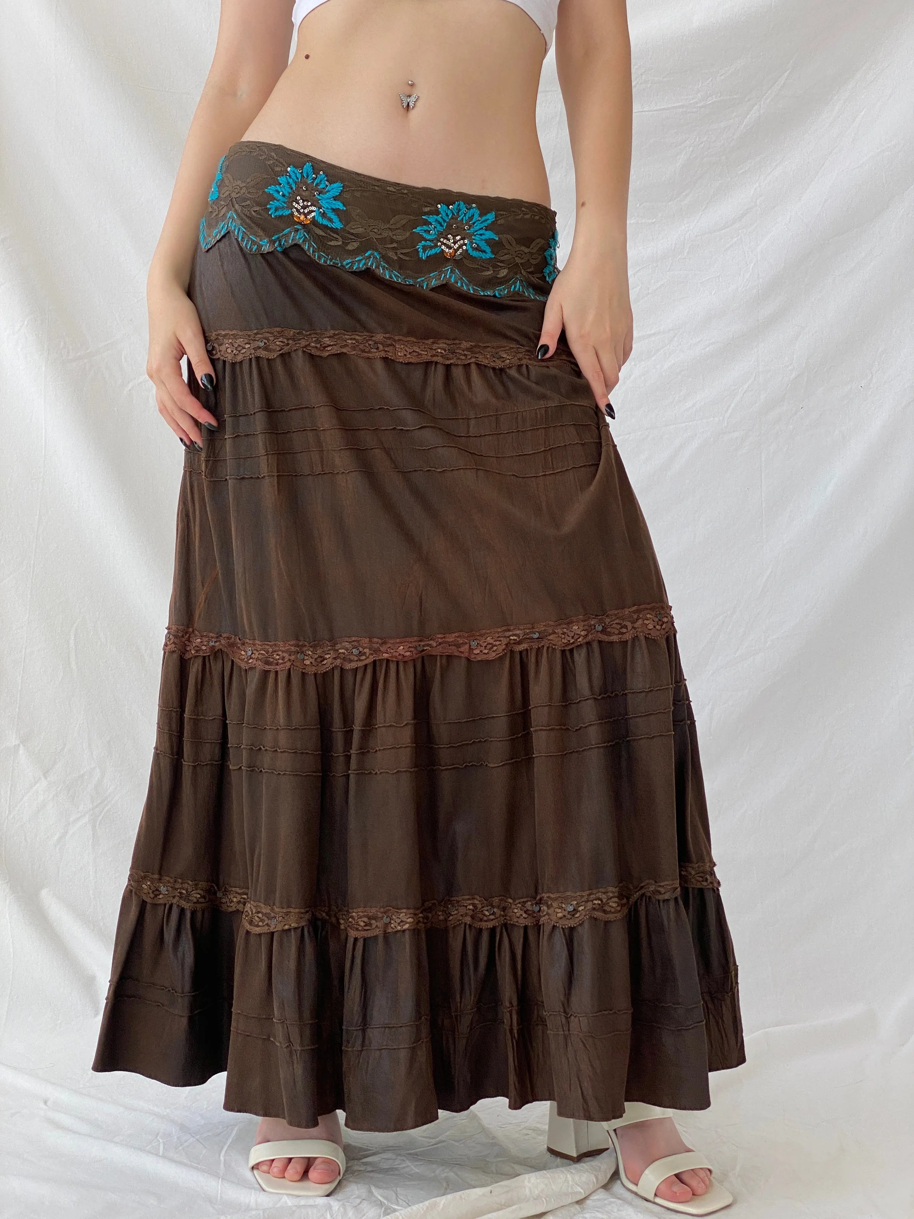 Vintage Whimsygoth Tiered Gypsy Lace Layered Brown Skirt with Blue Floral Embroidery - XL - Balagan Vintage Maxi Skirt Ayah, consignment, Dana, maxi skirt, NEW IN, winter