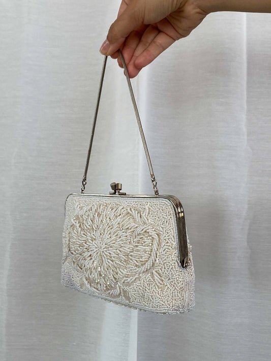 Vintage White Beaded Evening Bag - Balagan Vintage Handbags 90s, bag, beaded, beaded bag, mini handbag, shoulder bag