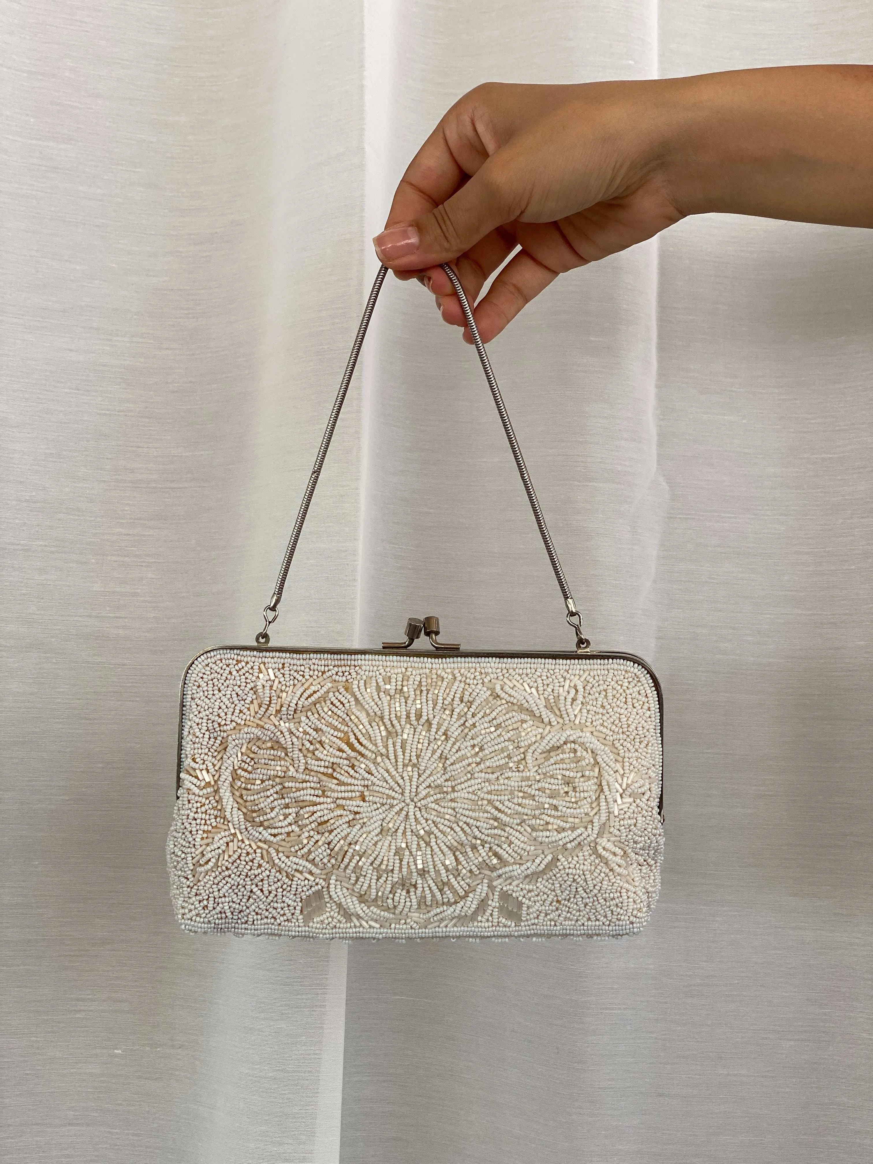 Vintage White Beaded Evening Bag - Balagan Vintage Handbags 90s, bag, beaded, beaded bag, mini handbag, shoulder bag