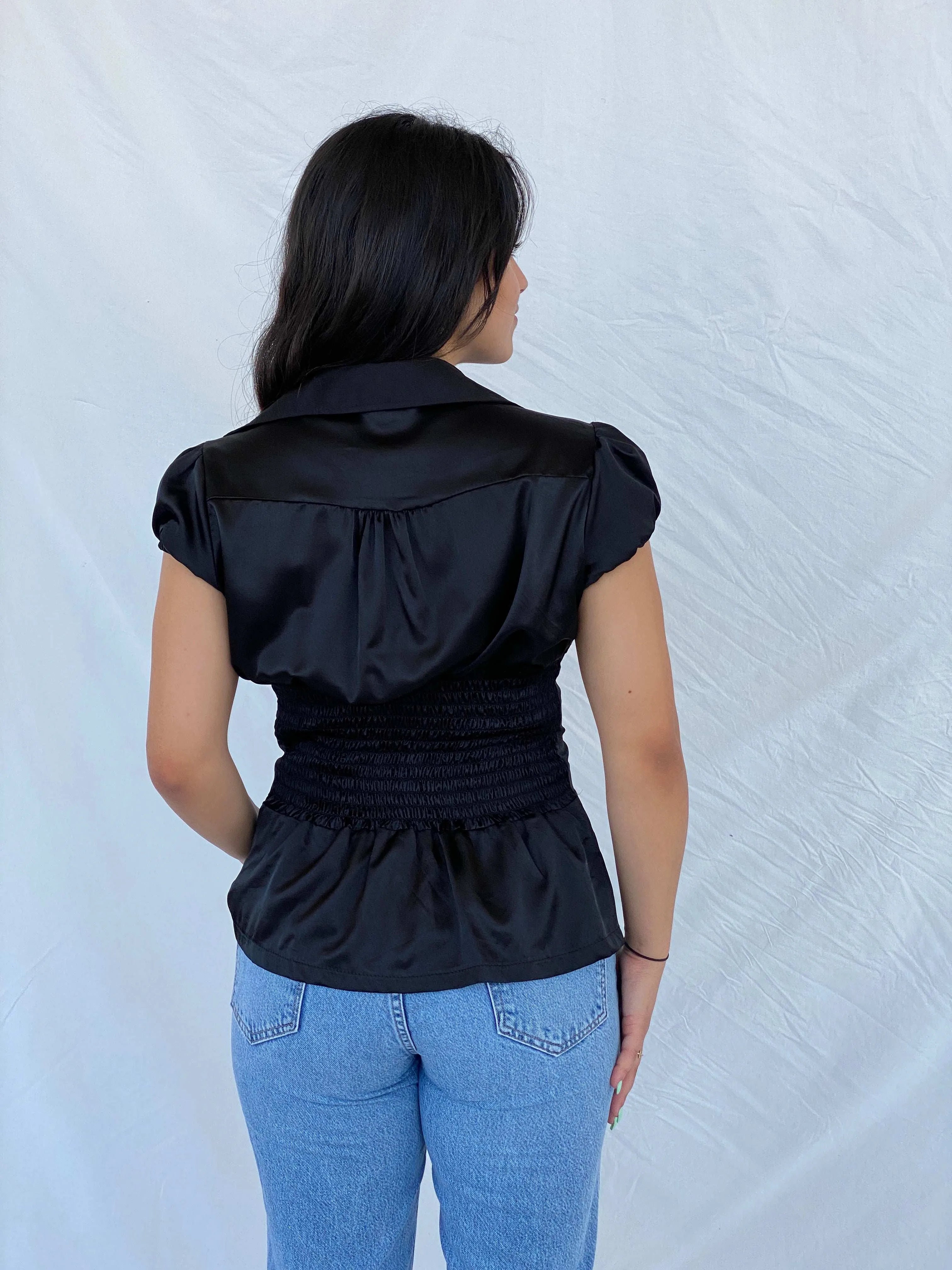 Vintage WME Office Siren Button Up Corset Waisted Satin Shirt - M - Balagan Vintage Half Sleeve Shirt 00s, corset, Lana, Office core, summer