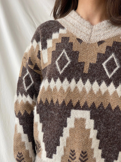 Vintage Wool & Mohair Geometric Icelandic Print V-Neck Handmade Knit Sweater - M - Balagan Vintage Sweater 90s, Christine, knitted sweater, sweater, winter