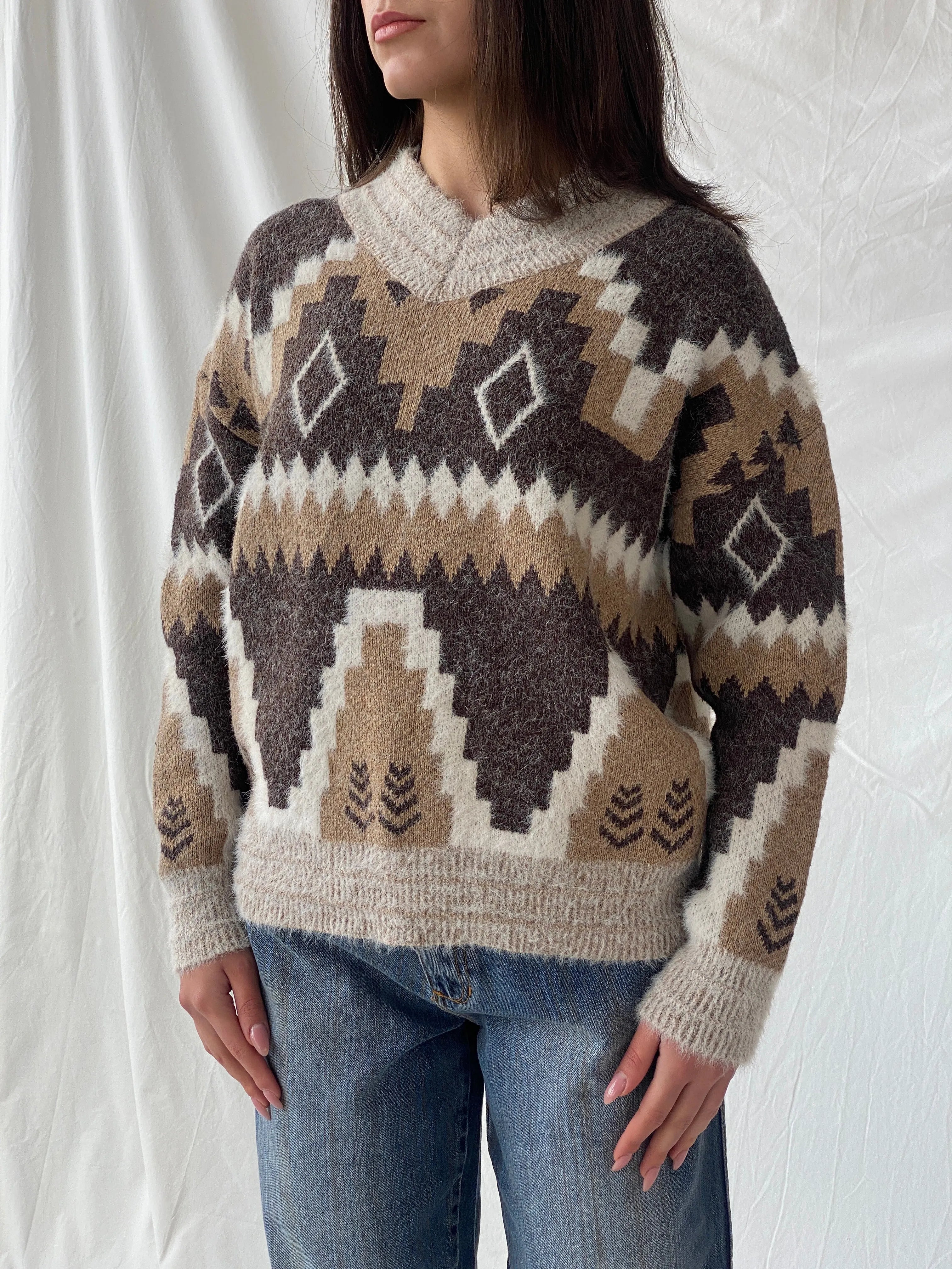 Vintage Wool & Mohair Geometric Icelandic Print V-Neck Handmade Knit Sweater - M - Balagan Vintage Sweater 90s, Christine, knitted sweater, sweater, winter