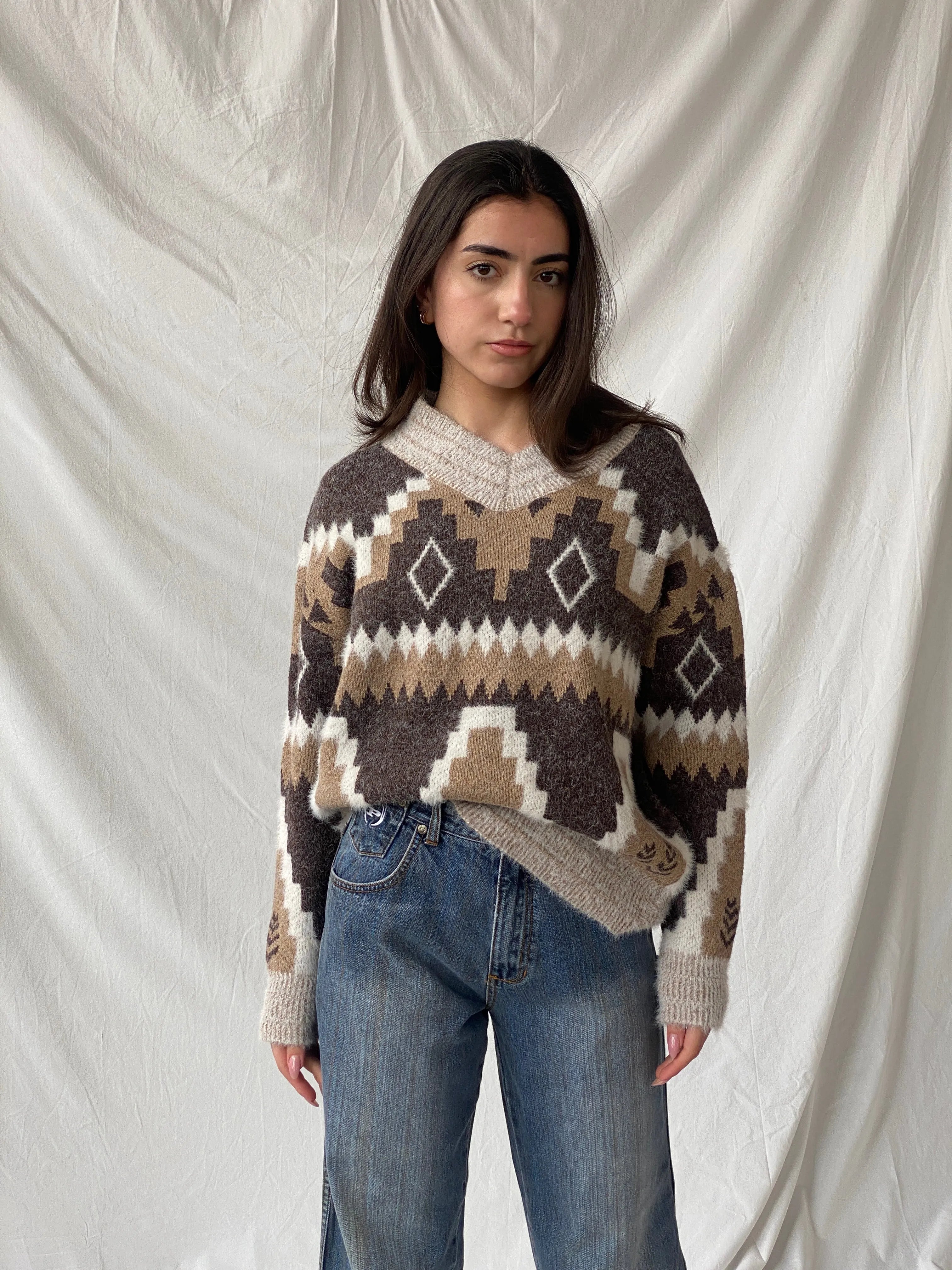 Vintage Wool & Mohair Geometric Icelandic Print V-Neck Handmade Knit Sweater - M - Balagan Vintage Sweater 90s, Christine, knitted sweater, sweater, winter