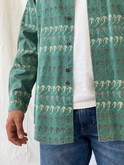 Vintage Woolrich Men’s Green Long Sleeve Cotton Skier Print Shirt - XL - Balagan Vintage Full Sleeve Shirt 90s, cotton shirt, full sleeve shirt, mens shirt, printed shirt, Ramez