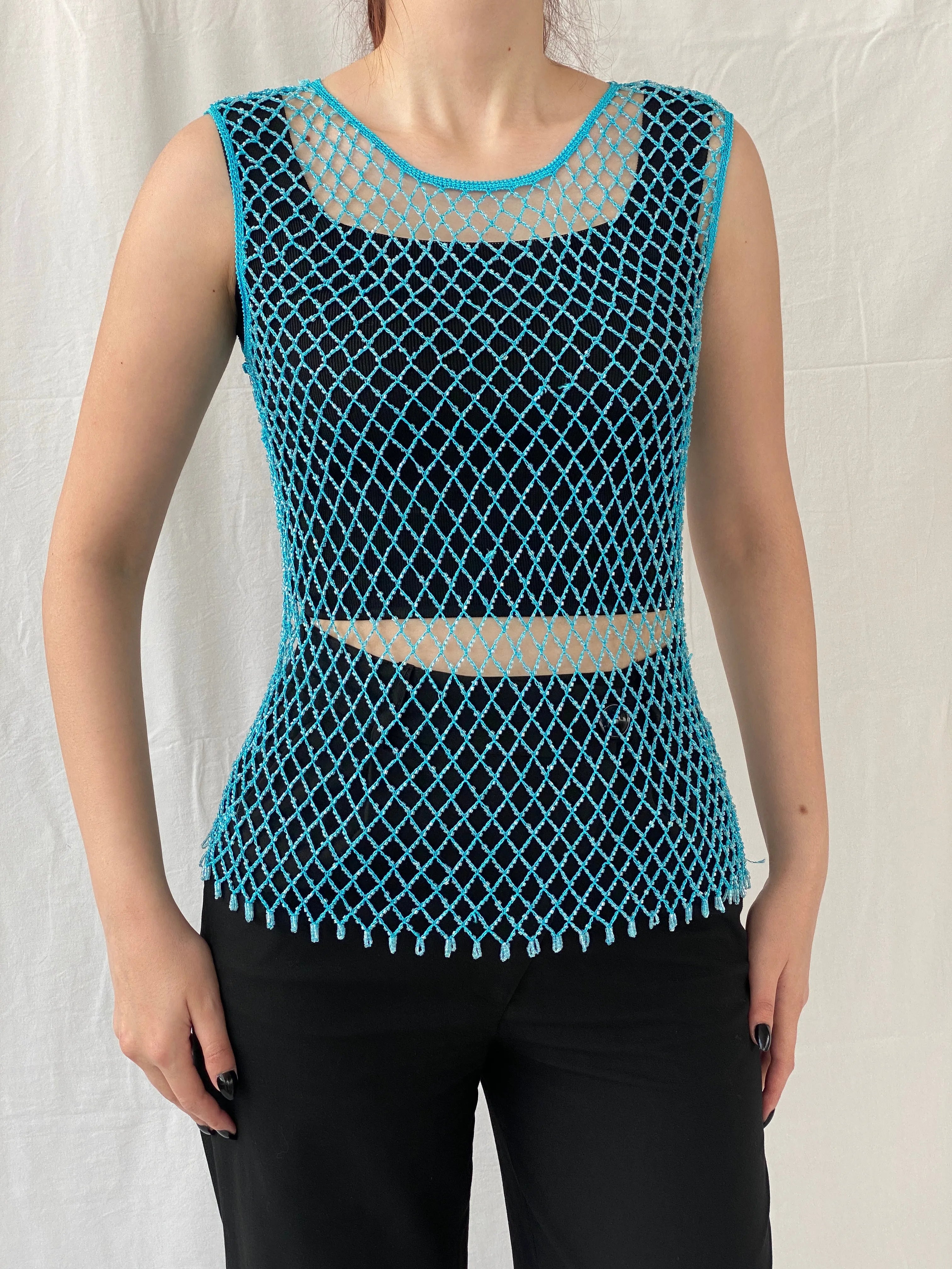 Vintage Y2K 2xtremz Women’s Net Beaded Crochet Blue Top - L - Balagan Vintage Sleeveless Top 00s, Ayah, beaded, Top, women top