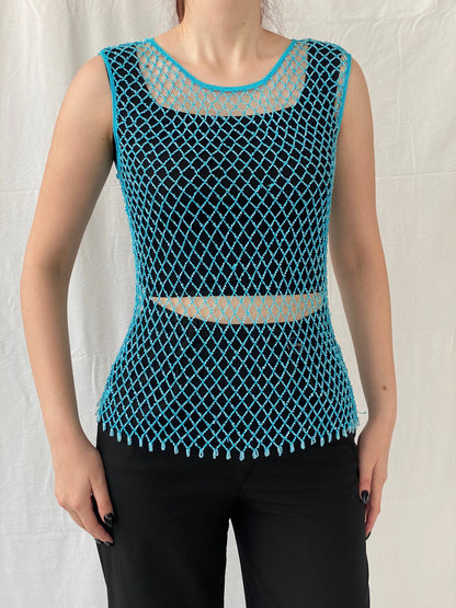 Vintage Y2K 2xtremz Women’s Net Beaded Crochet Blue Top - L - Balagan Vintage Sleeveless Top 00s, Ayah, beaded, Top, women top