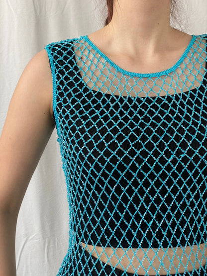 Vintage Y2K 2xtremz Women’s Net Beaded Crochet Blue Top - L - Balagan Vintage Sleeveless Top 00s, Ayah, beaded, Top, women top
