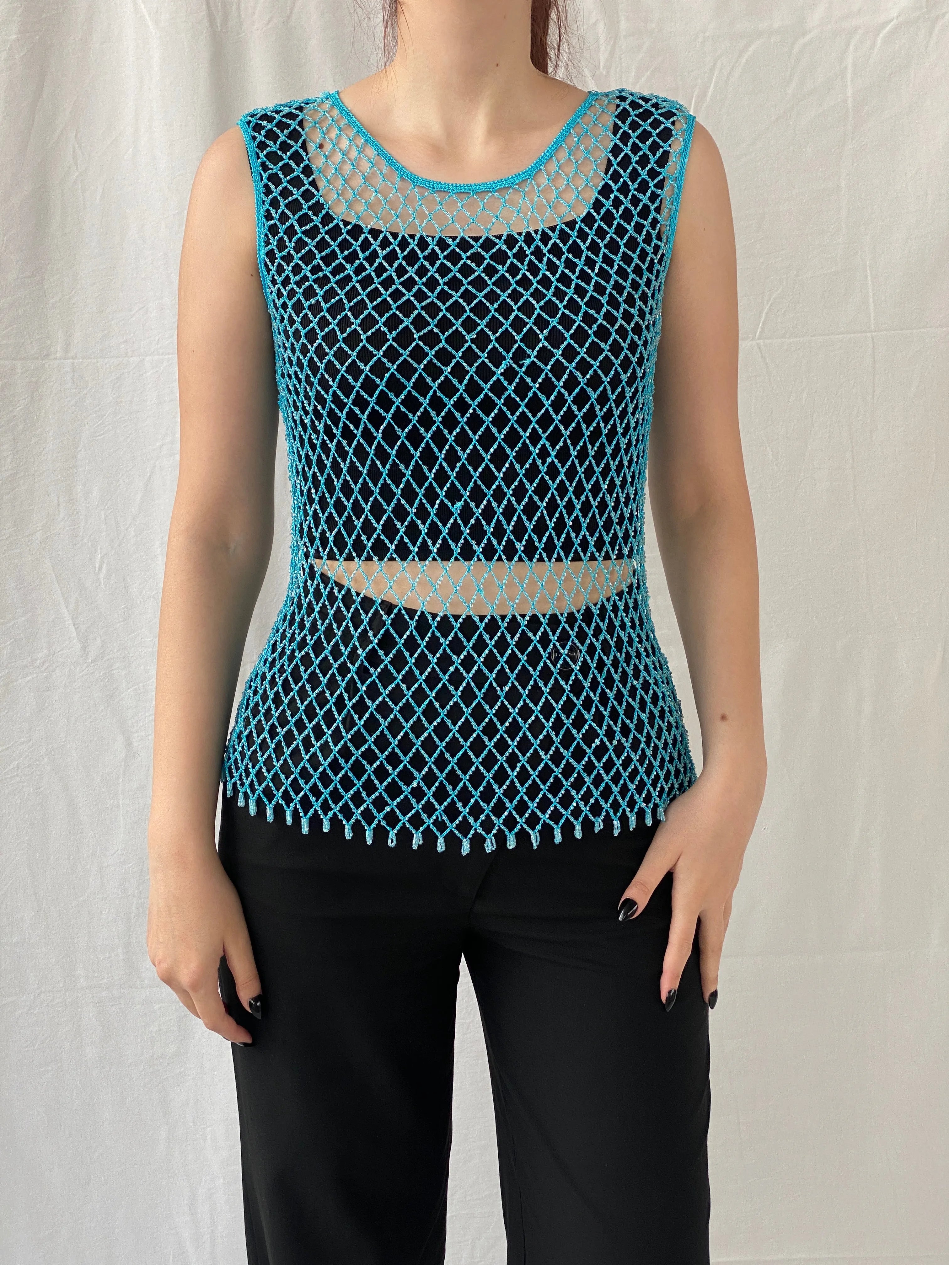 Vintage Y2K 2xtremz Women’s Net Beaded Crochet Blue Top - L - Balagan Vintage Sleeveless Top 00s, Ayah, beaded, Top, women top