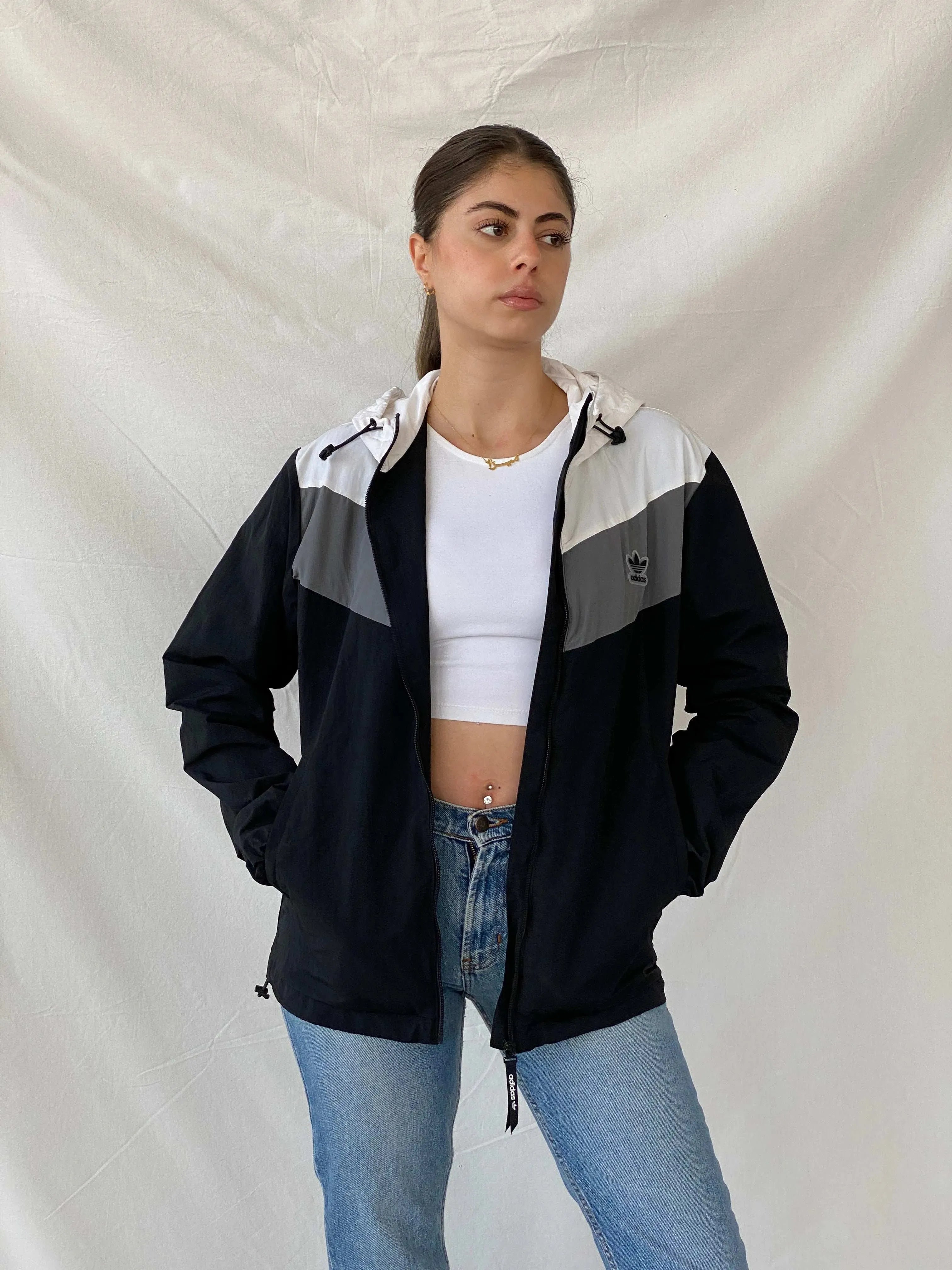 Vintage Y2K Adidas Black & White Windbreaker Jacket - S - Balagan Vintage Windbreaker Jacket 00s, adidas, Coats&Jackets, Mira, vintage, vintage windbreaker, windbreaker, windbreaker jacket, winter, women, Women's Windbreaker Jackets