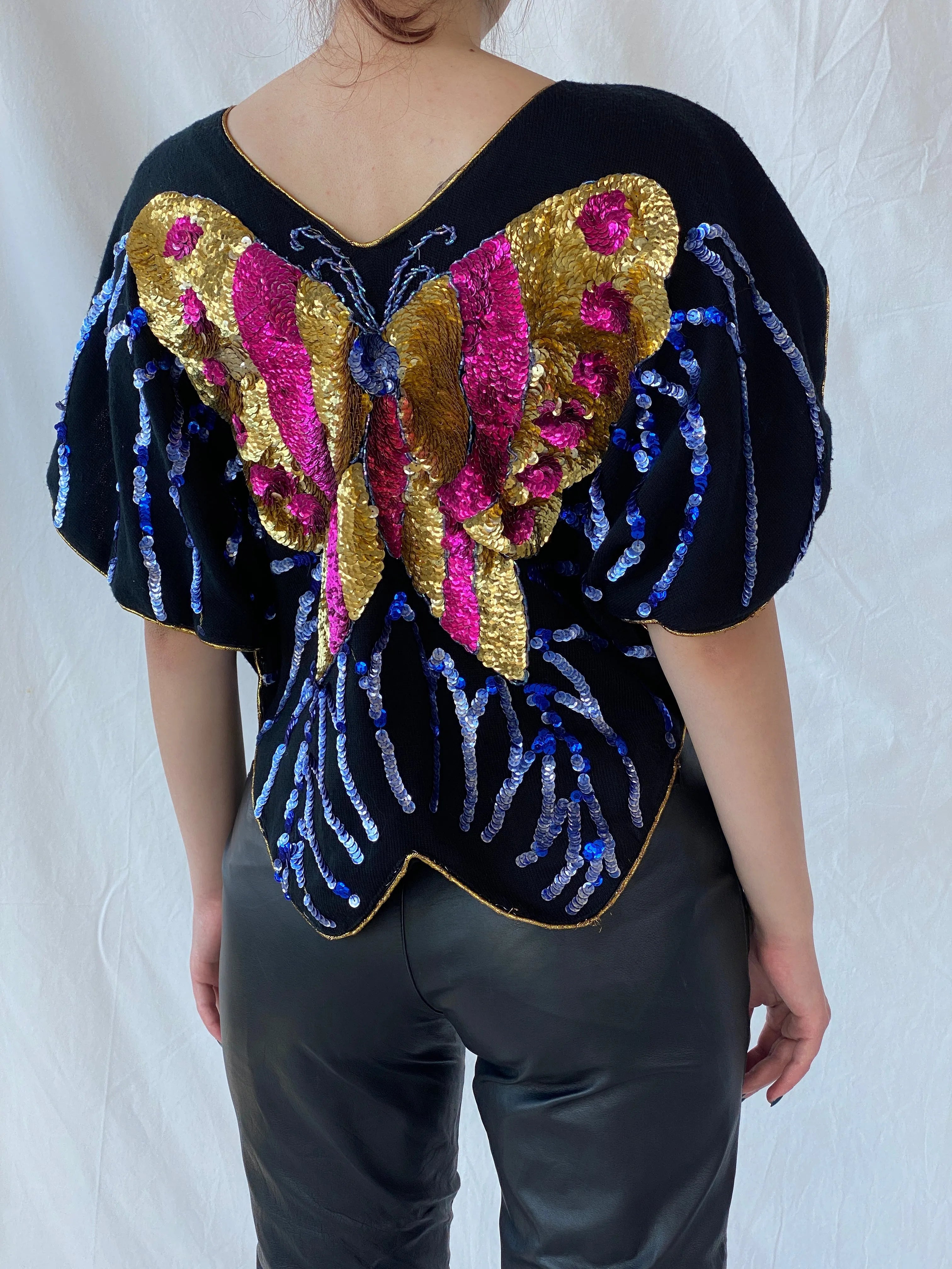 Vintage Y2K Alzouhour Sequined Butterfly Black Top - M - Balagan Vintage Half Sleeve Top 00s, Ayah, shimmer, Top, women top