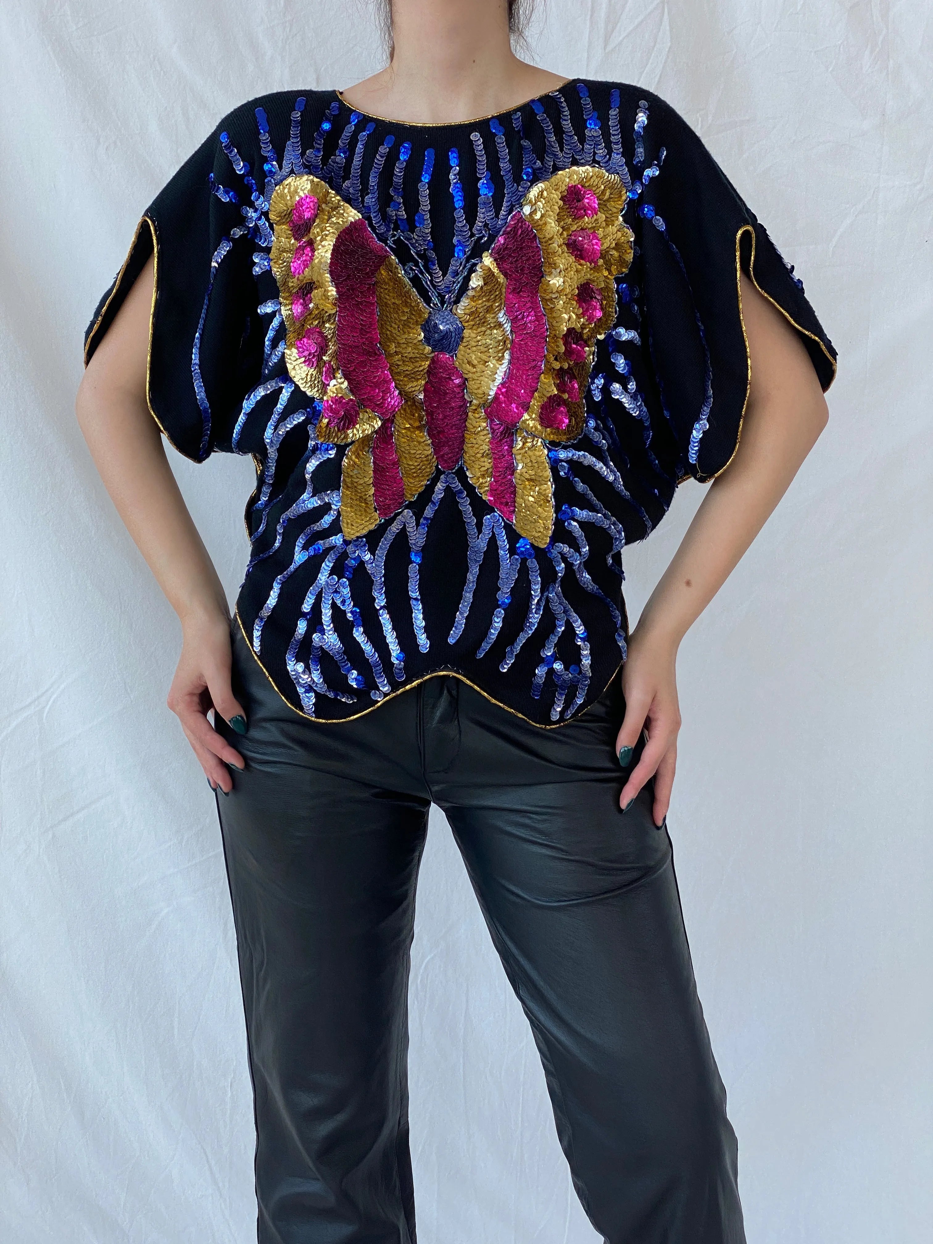 Vintage Y2K Alzouhour Sequined Butterfly Black Top - M - Balagan Vintage Half Sleeve Top 00s, Ayah, shimmer, Top, women top