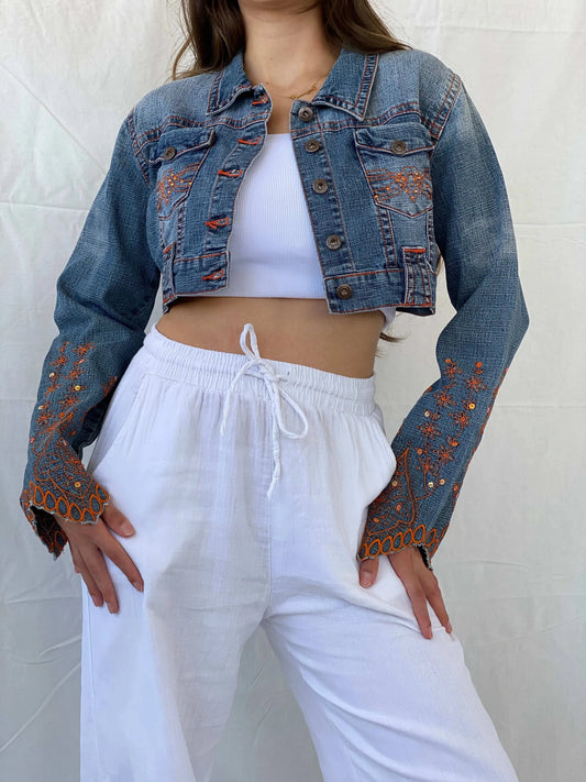 Vintage Y2K Apollo Jeans Cropped Denim Jacket With Orange Embroidery Details - M - Balagan Vintage Denim Jacket 00s, denim, denim jacket, Mira