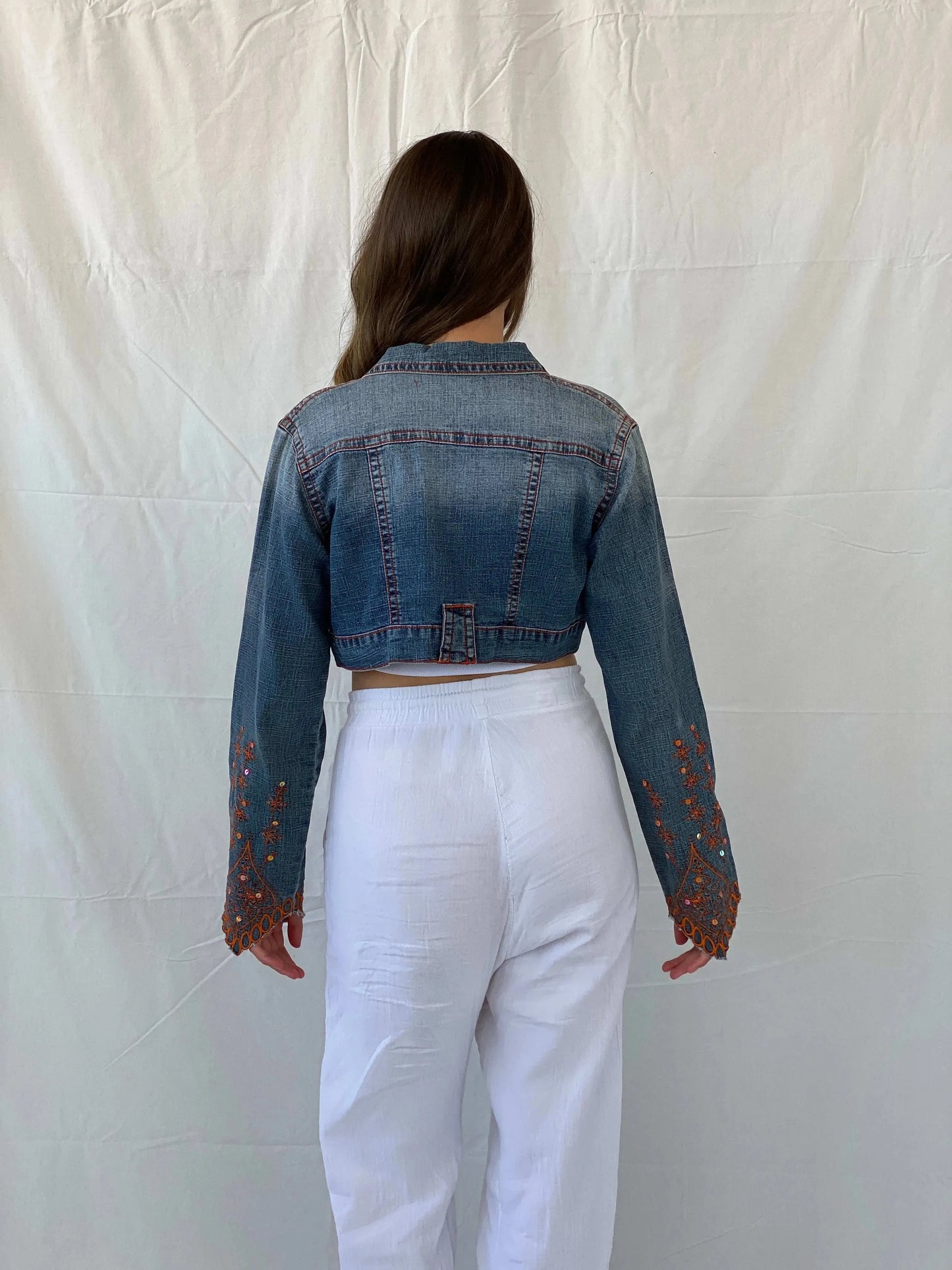 Vintage Y2K Apollo Jeans Cropped Denim Jacket With Orange Embroidery Details - M - Balagan Vintage Denim Jacket 00s, denim, denim jacket, Mira