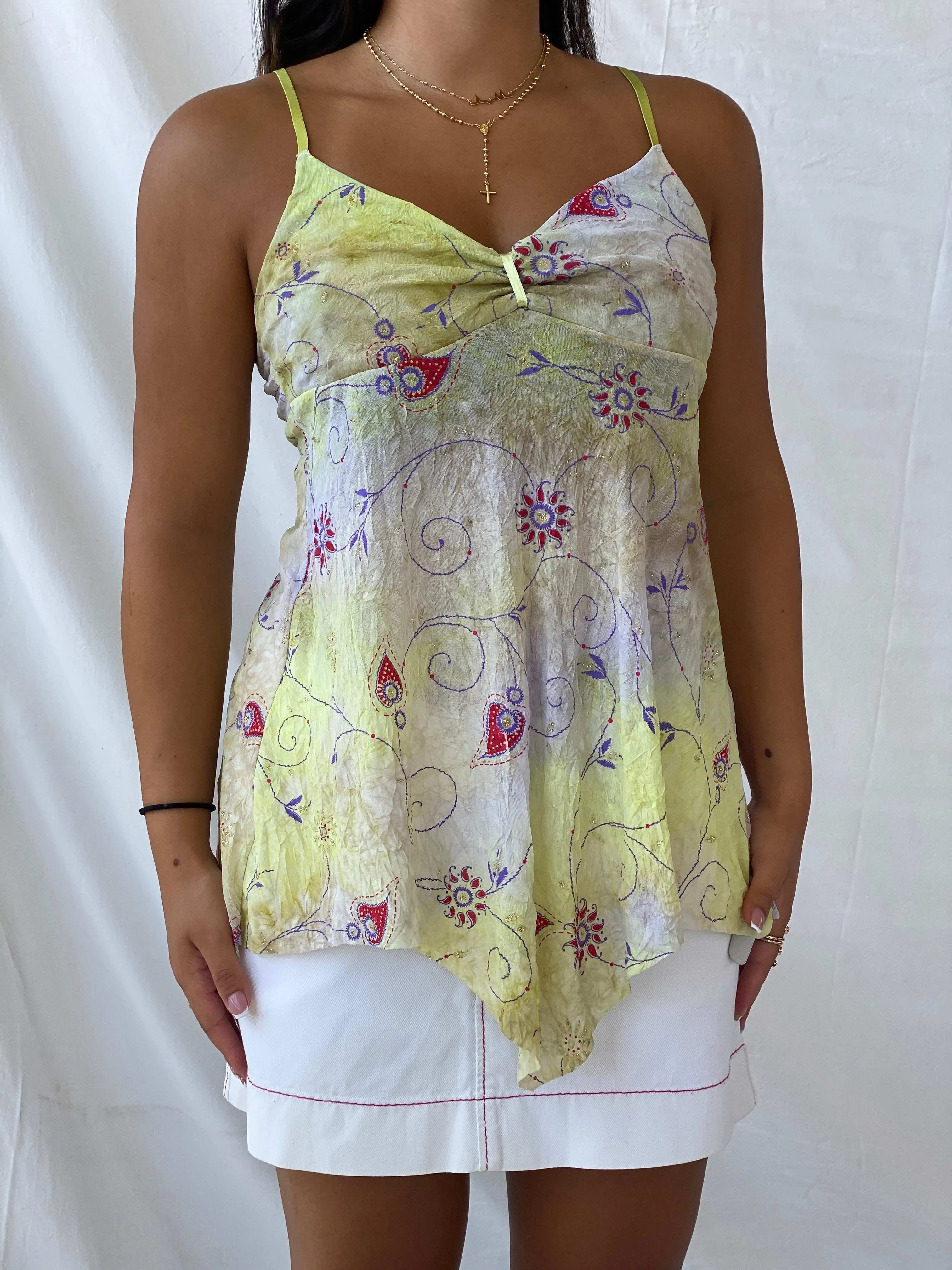 Vintage Y2K Auto Grill Fairy Core Yellow Cami Mesh Top - M - Balagan Vintage Sleeveless Top 00s, Cami, Lana, summer
