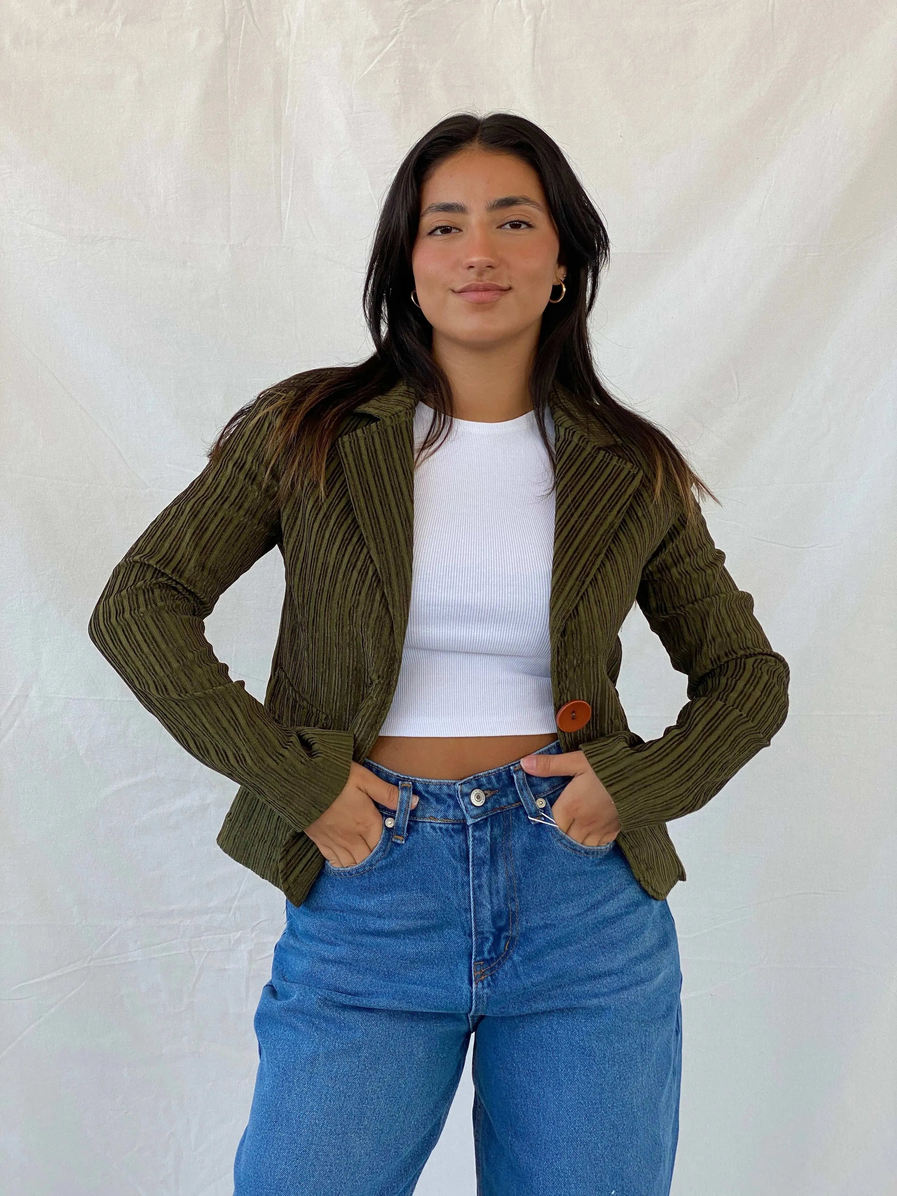 Vintage Y2K BAŞAK Collection Green Corduroy Blazer - M - Balagan Vintage Blazer 90s, blazer, Coats&Jackets, corduroy blazer, full sleeve blazer, Lana, striped, vintage blazer, Women's Blazers