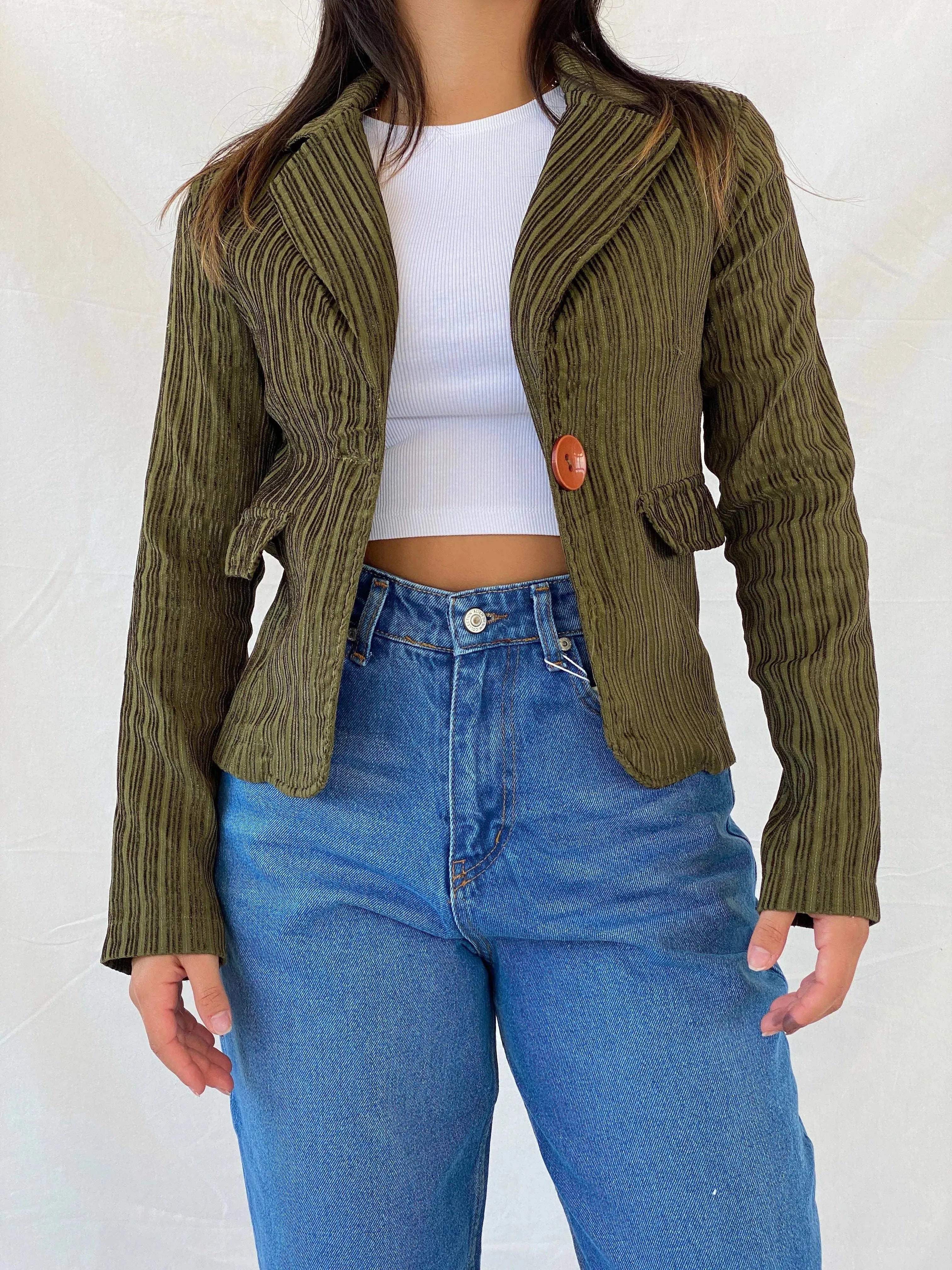 Vintage Y2K BAŞAK Collection Green Corduroy Blazer - M - Balagan Vintage Blazer 90s, blazer, Coats&Jackets, corduroy blazer, full sleeve blazer, Lana, striped, vintage blazer, Women's Blazers