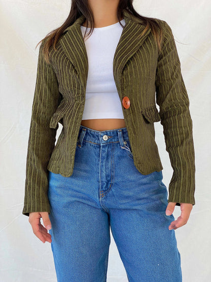 Vintage Y2K BAŞAK Collection Green Corduroy Blazer - M - Balagan Vintage Blazer 90s, blazer, Coats&Jackets, corduroy blazer, full sleeve blazer, Lana, striped, vintage blazer, Women's Blazers