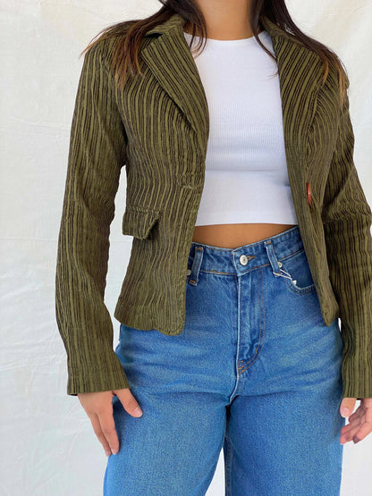 Vintage Y2K BAŞAK Collection Green Corduroy Blazer - M - Balagan Vintage Blazer 90s, blazer, Coats&Jackets, corduroy blazer, full sleeve blazer, Lana, striped, vintage blazer, Women's Blazers