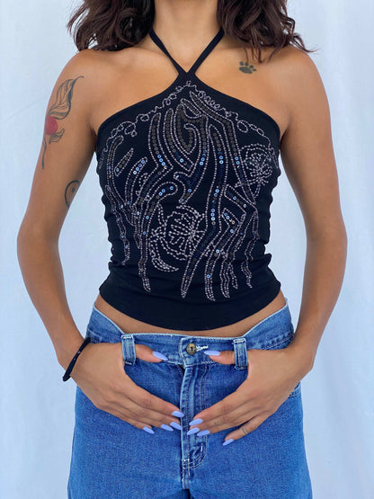 Vintage Y2K Batik Sequin Black Halter Top Size S - Balagan Vintage Halter Top 90s, beaded, halter top, summer, Tojan