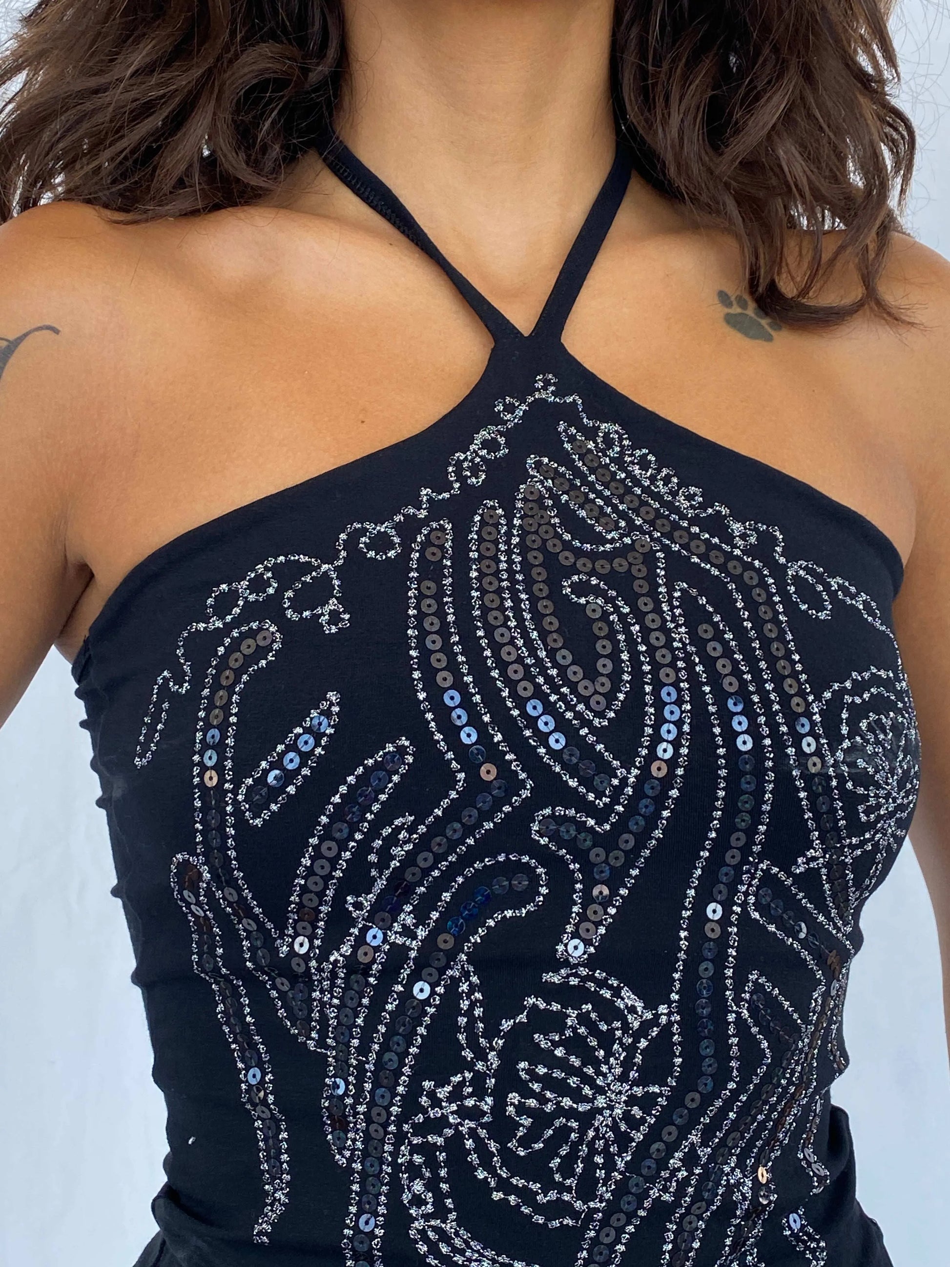 Vintage Y2K Batik Sequin Black Halter Top Size S - Balagan Vintage Halter Top 90s, beaded, halter top, summer, Tojan