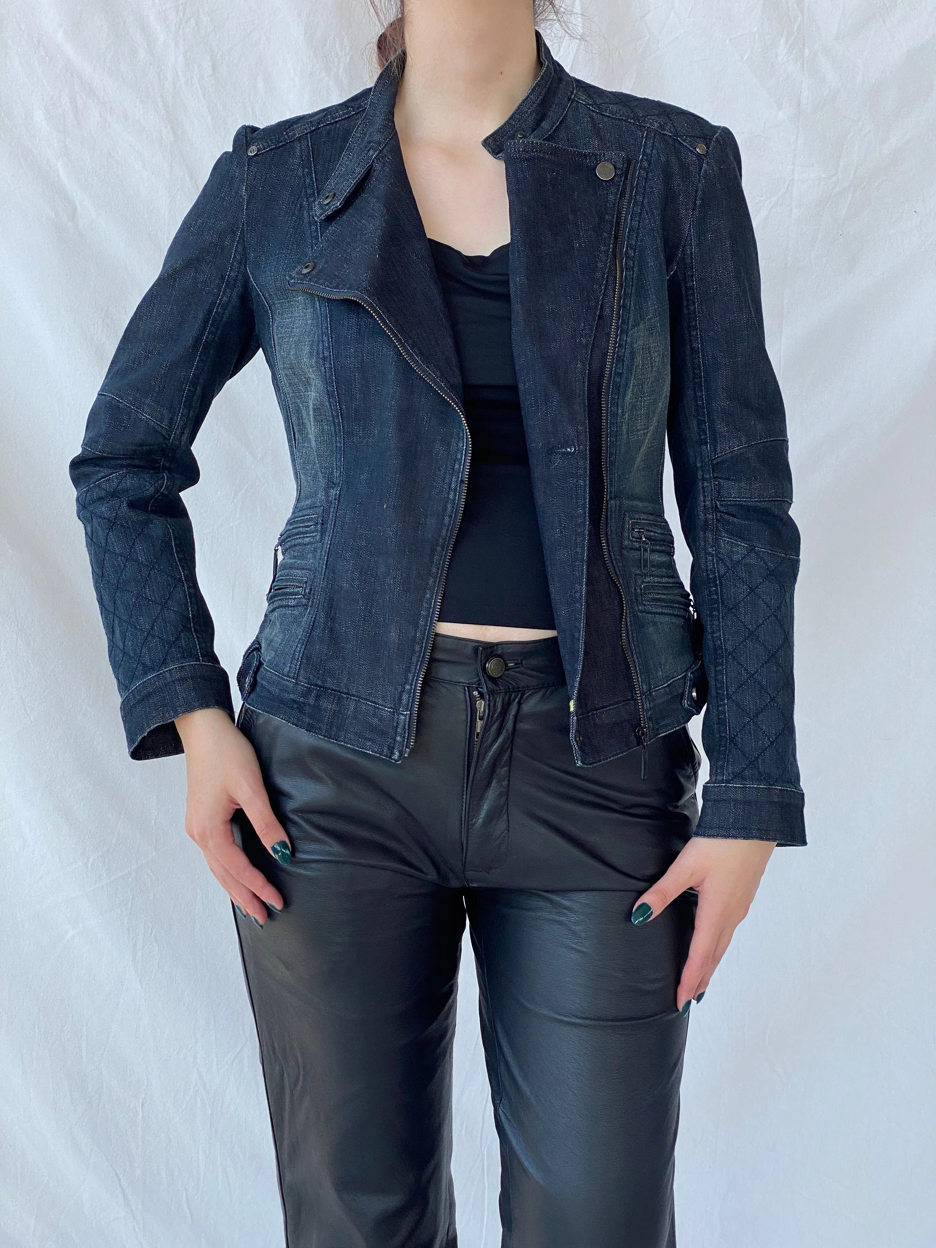 Vintage Y2K Betty Barclay Biker Zipper Denim Jacket With Quilted Detailing - M - Balagan Vintage Denim Jacket 00s, Ayah, Coats&Jackets, consignment, denim, denim jacket, Janan
