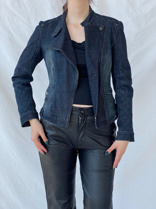 Vintage Y2K Betty Barclay Biker Zipper Denim Jacket With Quilted Detailing - M - Balagan Vintage Denim Jacket 00s, Ayah, Coats&Jackets, consignment, denim, denim jacket, Janan
