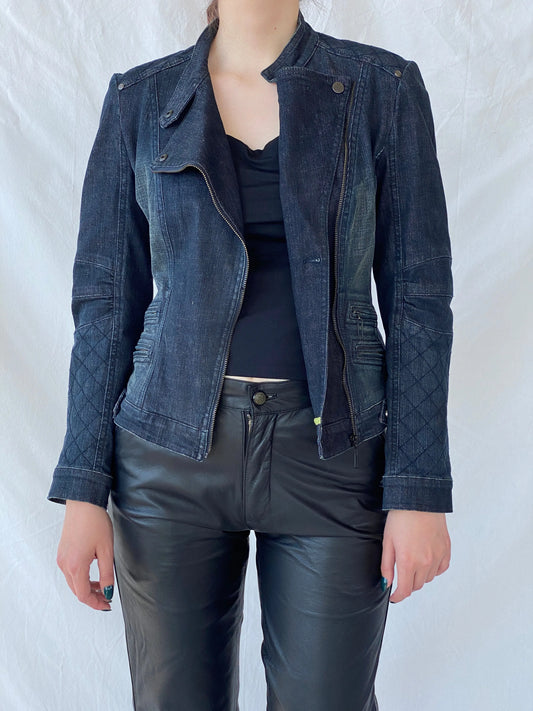 Vintage Y2K Betty Barclay Biker Zipper Denim Jacket With Quilted Detailing - M - Balagan Vintage Denim Jacket 00s, Ayah, Coats&Jackets, consignment, denim, denim jacket, Janan