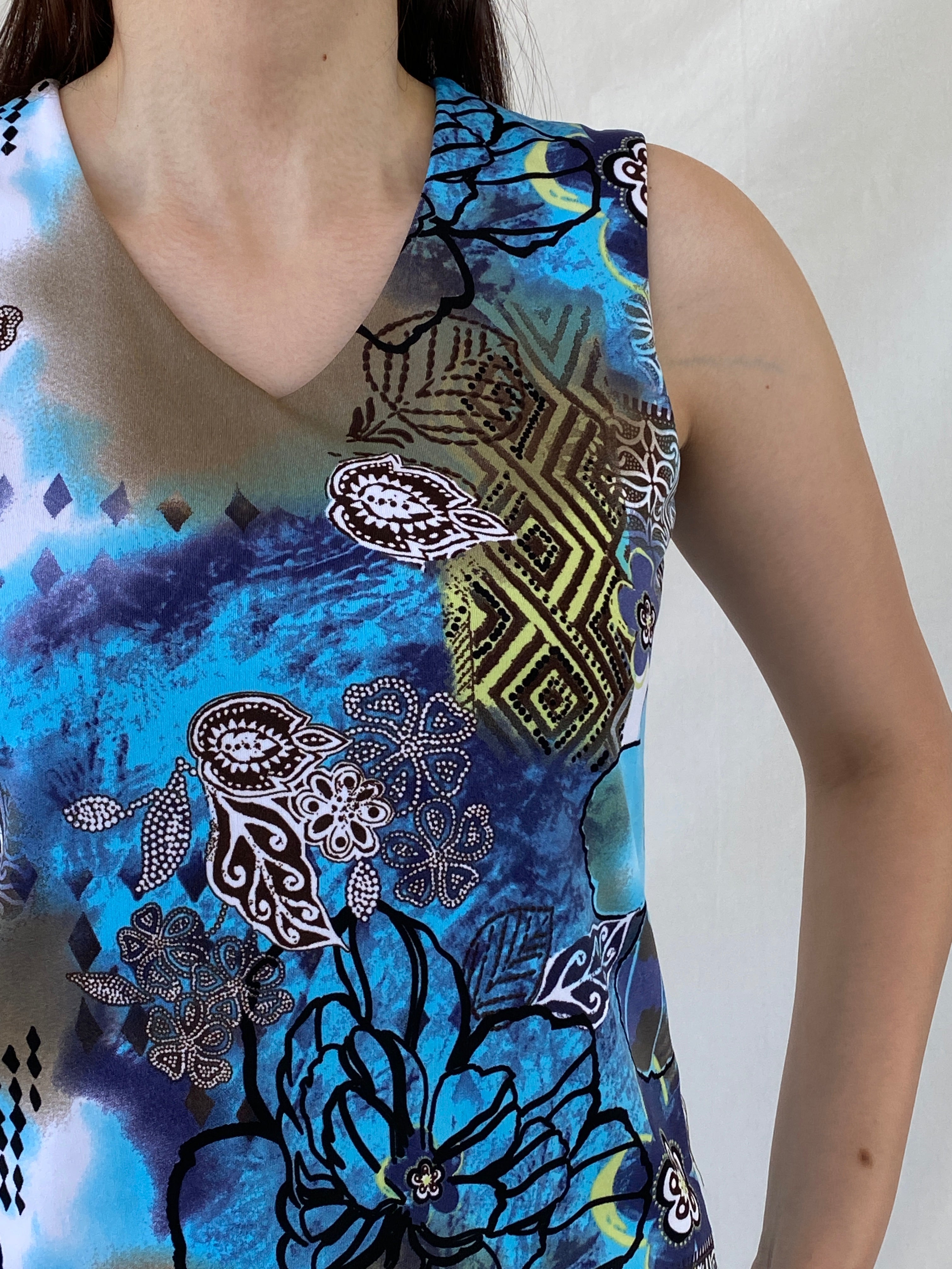 Vintage Y2K Biaggini Floral Blue V-Neck Sleeveless Tank Top - L - Balagan Vintage Sleeveless Top 00s, Ayah, NEW IN, summer, women top