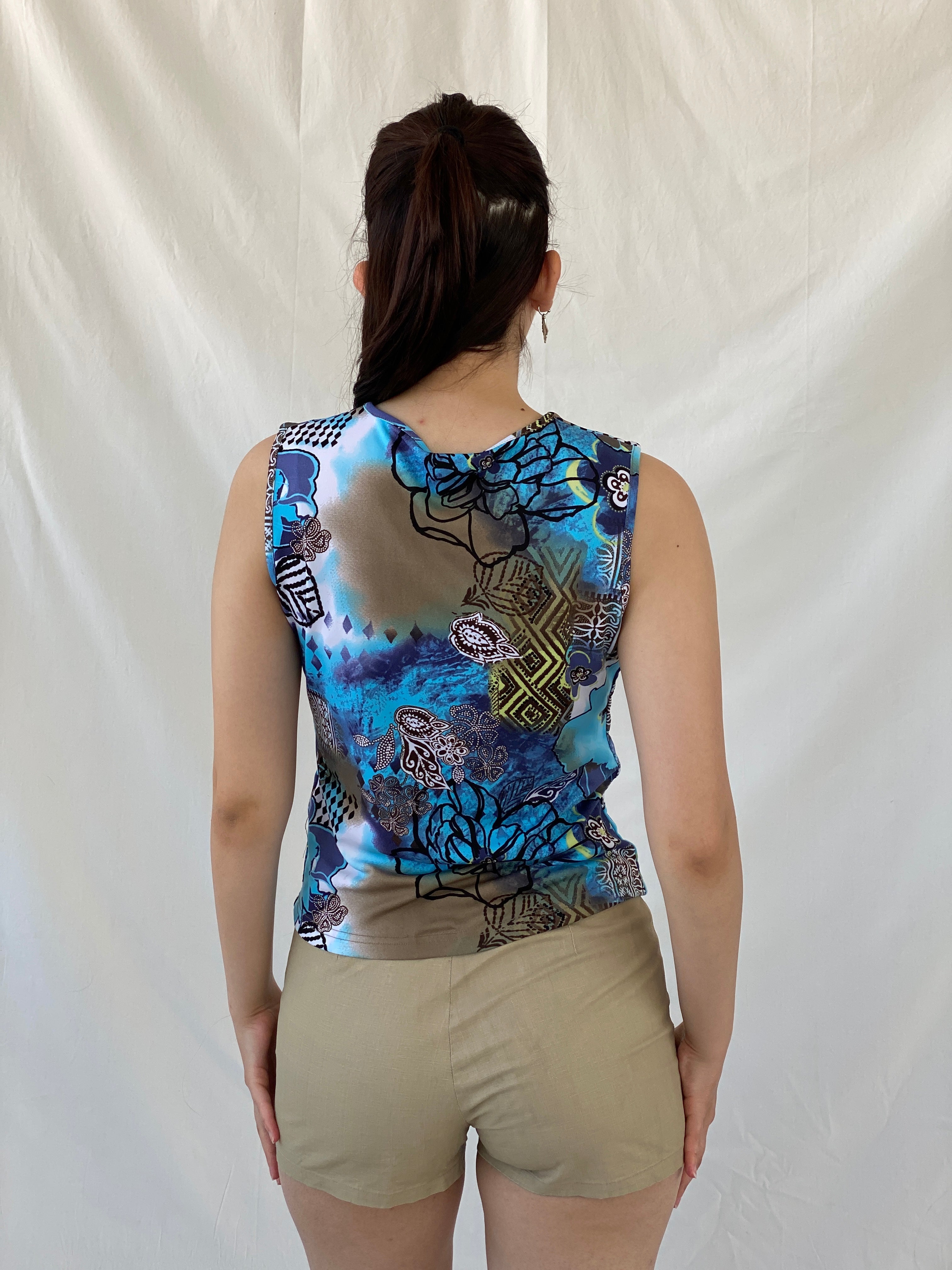 Vintage Y2K Biaggini Floral Blue V-Neck Sleeveless Tank Top - L - Balagan Vintage Sleeveless Top 00s, Ayah, NEW IN, summer, women top