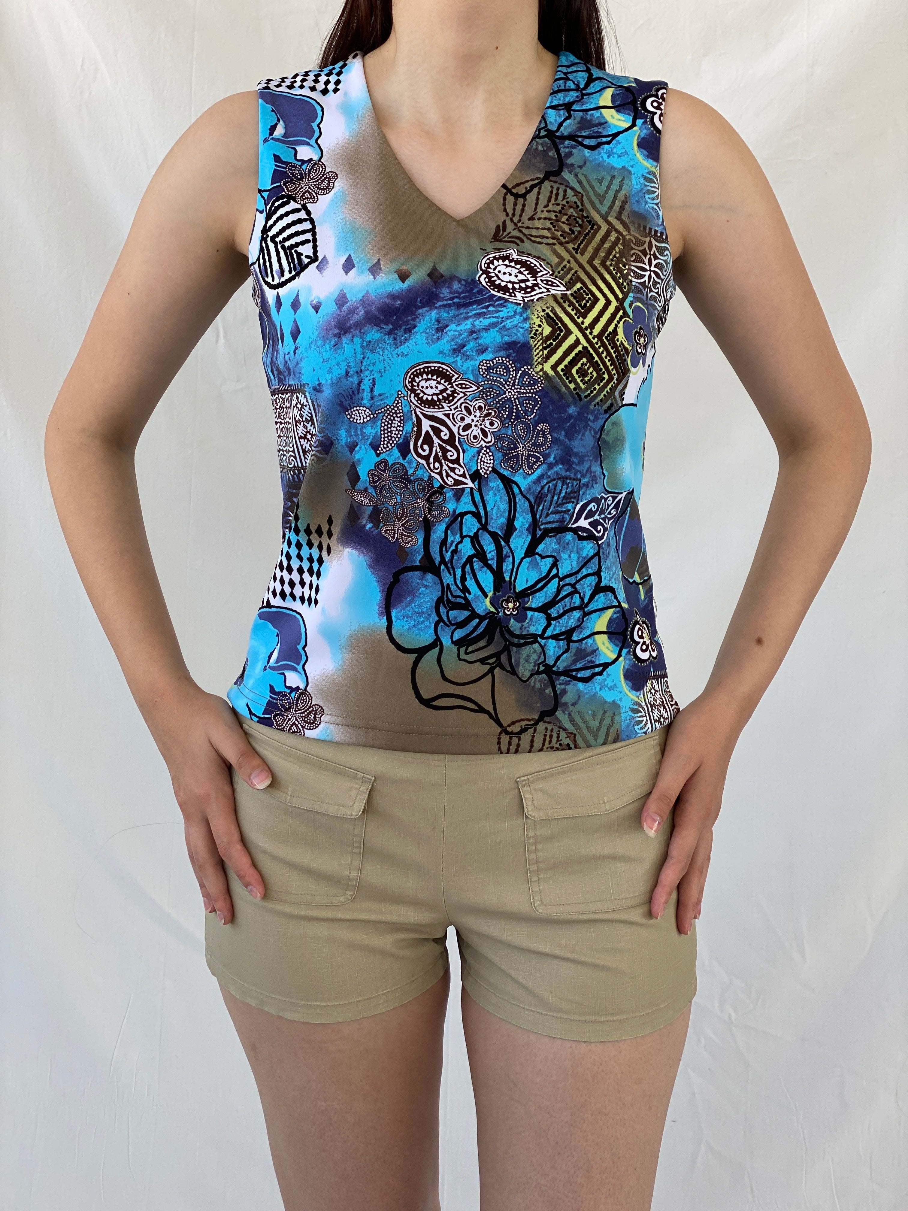 Vintage Y2K Biaggini Floral Blue V-Neck Sleeveless Tank Top - L - Balagan Vintage Sleeveless Top 00s, Ayah, NEW IN, summer, women top