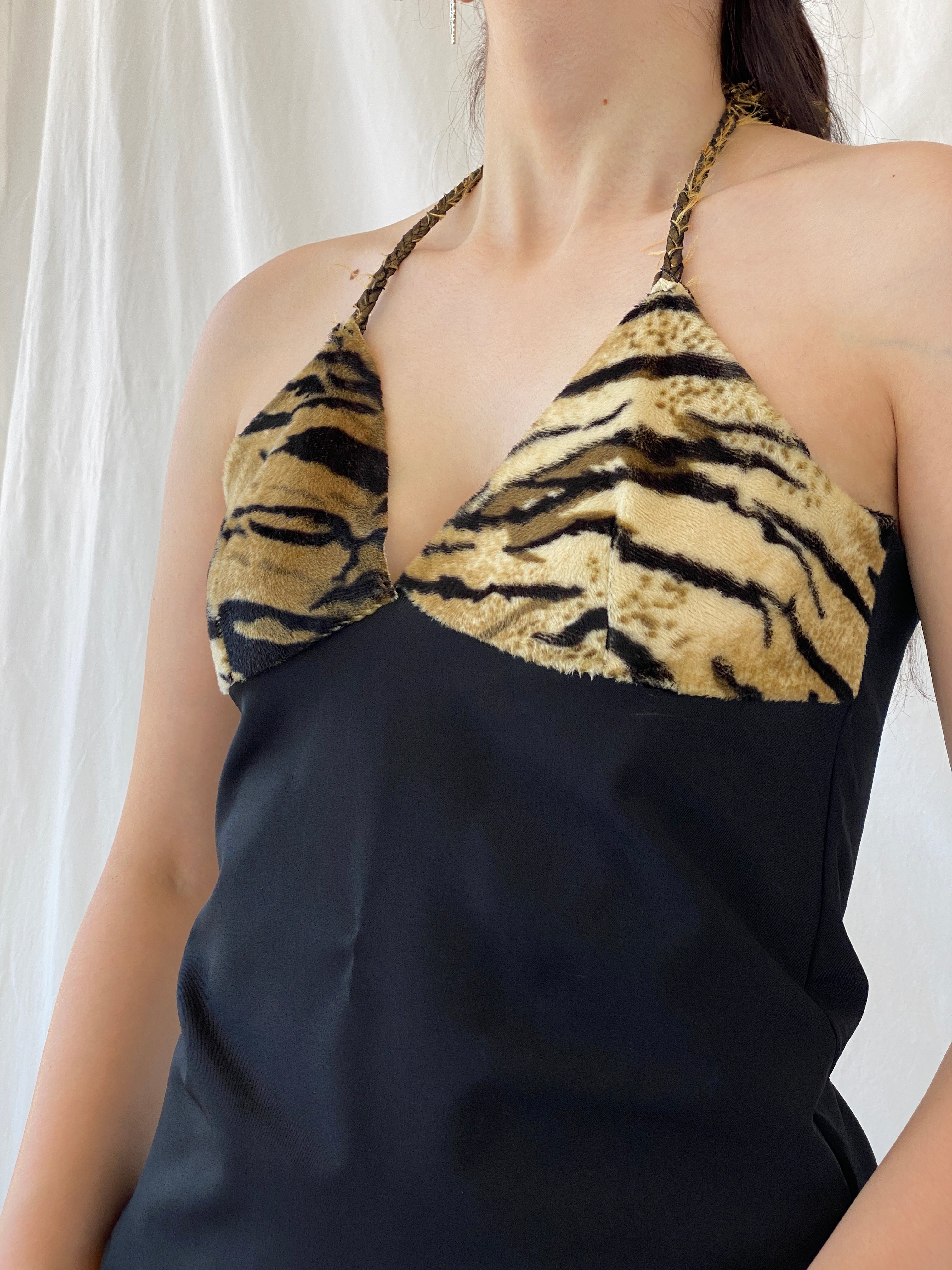 Vintage Y2K Black Halter Top Leopard Fuzzy Backless Top - M - Balagan Vintage Sleeveless Top 00s, Ayah, halter top, leopard print, NEW IN, summer, women top