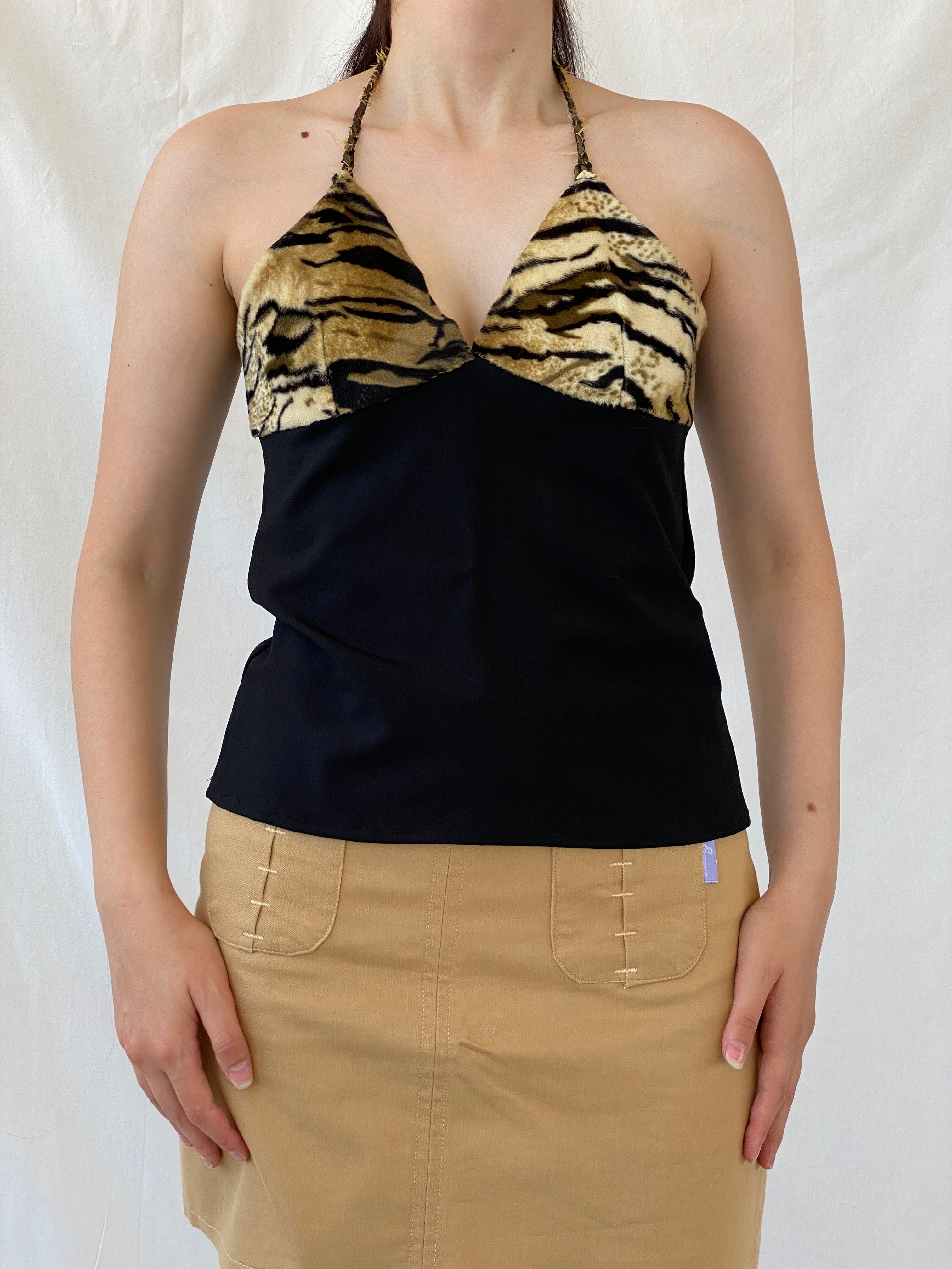 Vintage Y2K Black Halter Top Leopard Fuzzy Backless Top - M - Balagan Vintage Sleeveless Top 00s, Ayah, halter top, leopard print, NEW IN, summer, women top