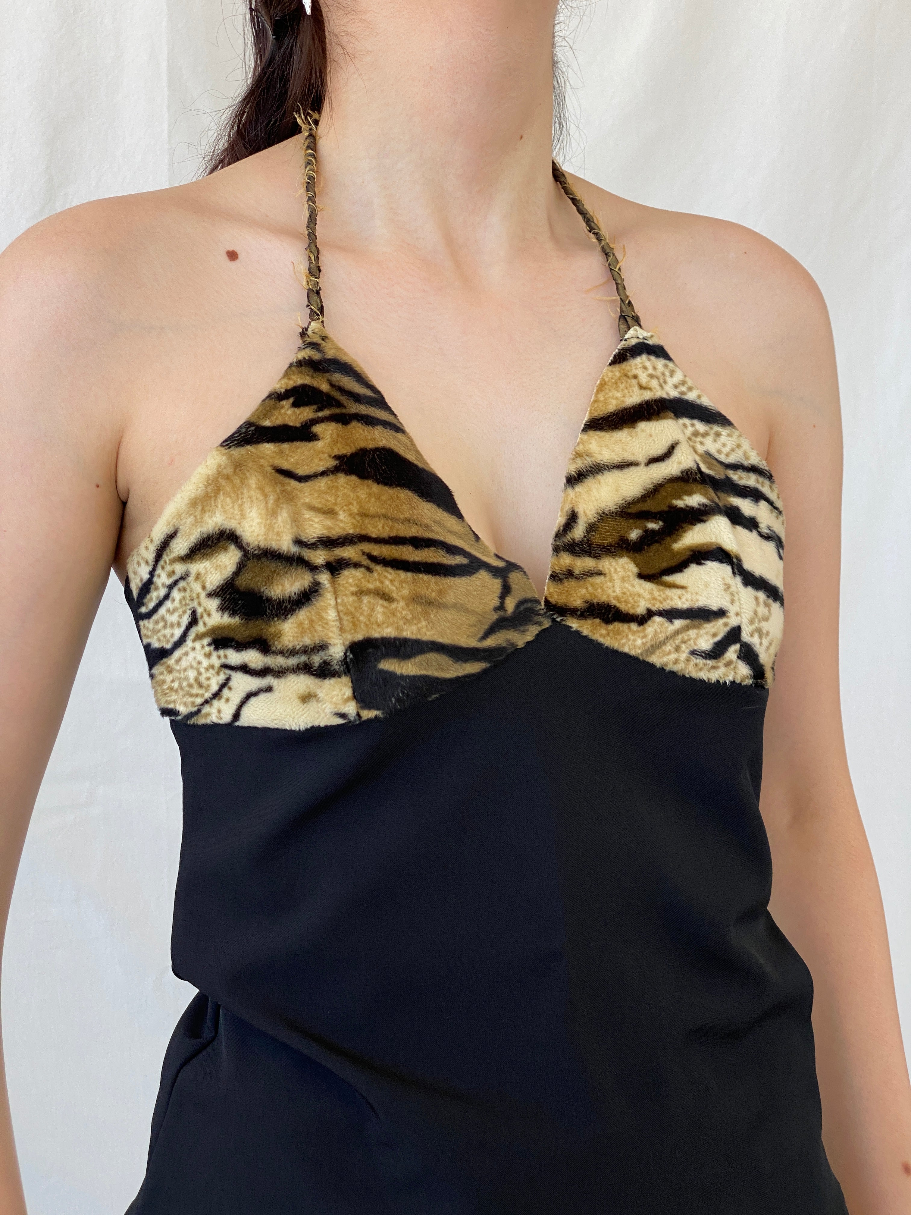 Vintage Y2K Black Halter Top Leopard Fuzzy Backless Top - M - Balagan Vintage Sleeveless Top 00s, Ayah, halter top, leopard print, NEW IN, summer, women top