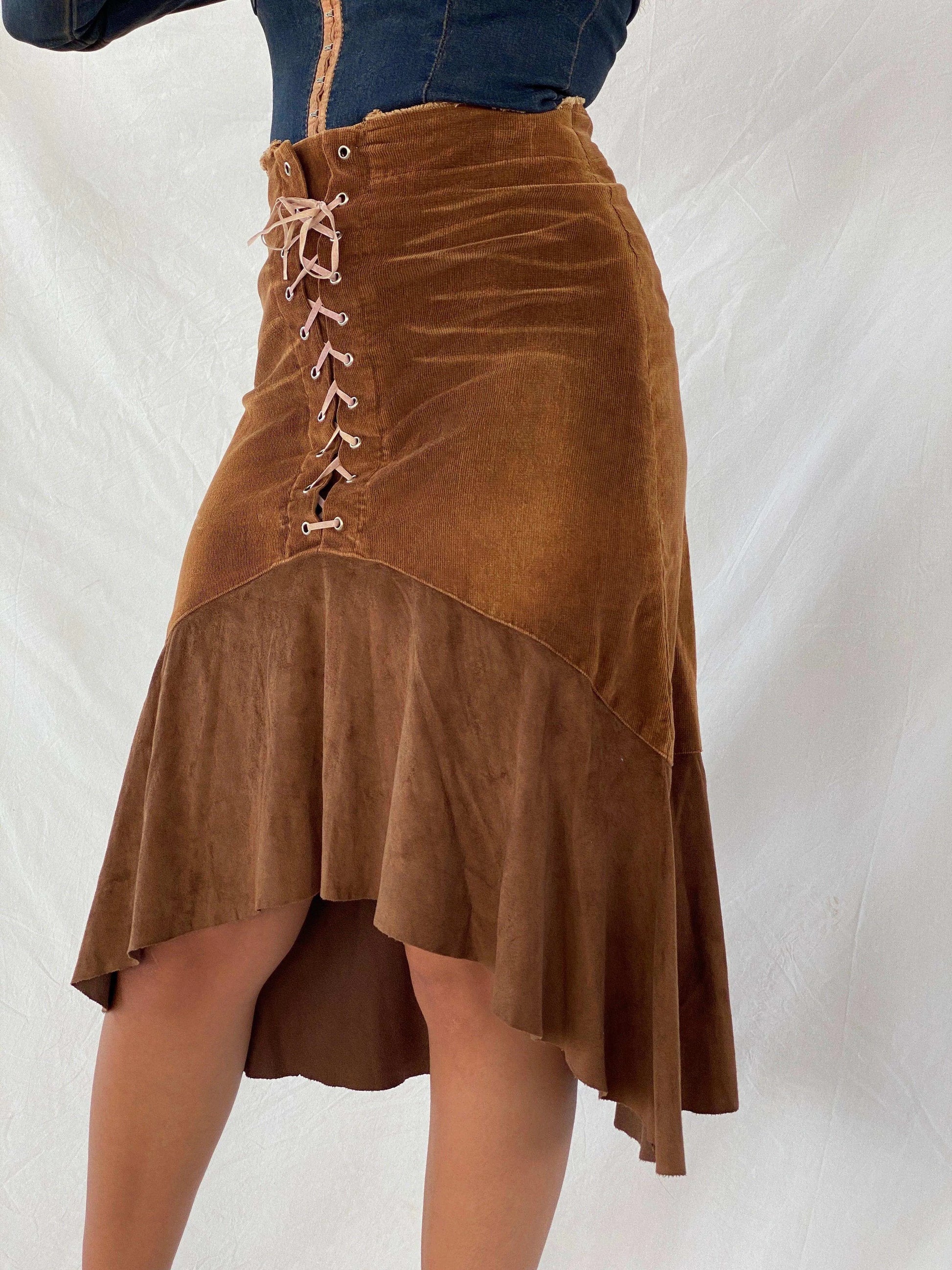 Vintage Y2K Brown Midi Lace Up Skirt - Balagan Vintage Midi Skirt brown, floral skirt, midi skirt, Rama
