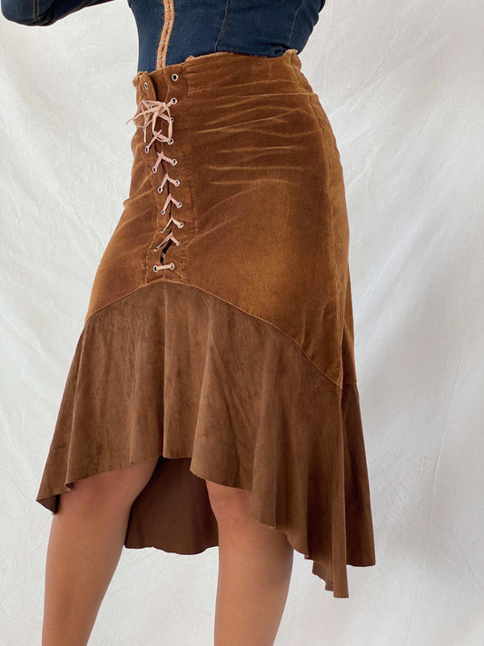 Vintage Y2K Brown Midi Lace Up Skirt - Balagan Vintage Midi Skirt brown, floral skirt, midi skirt, Rama