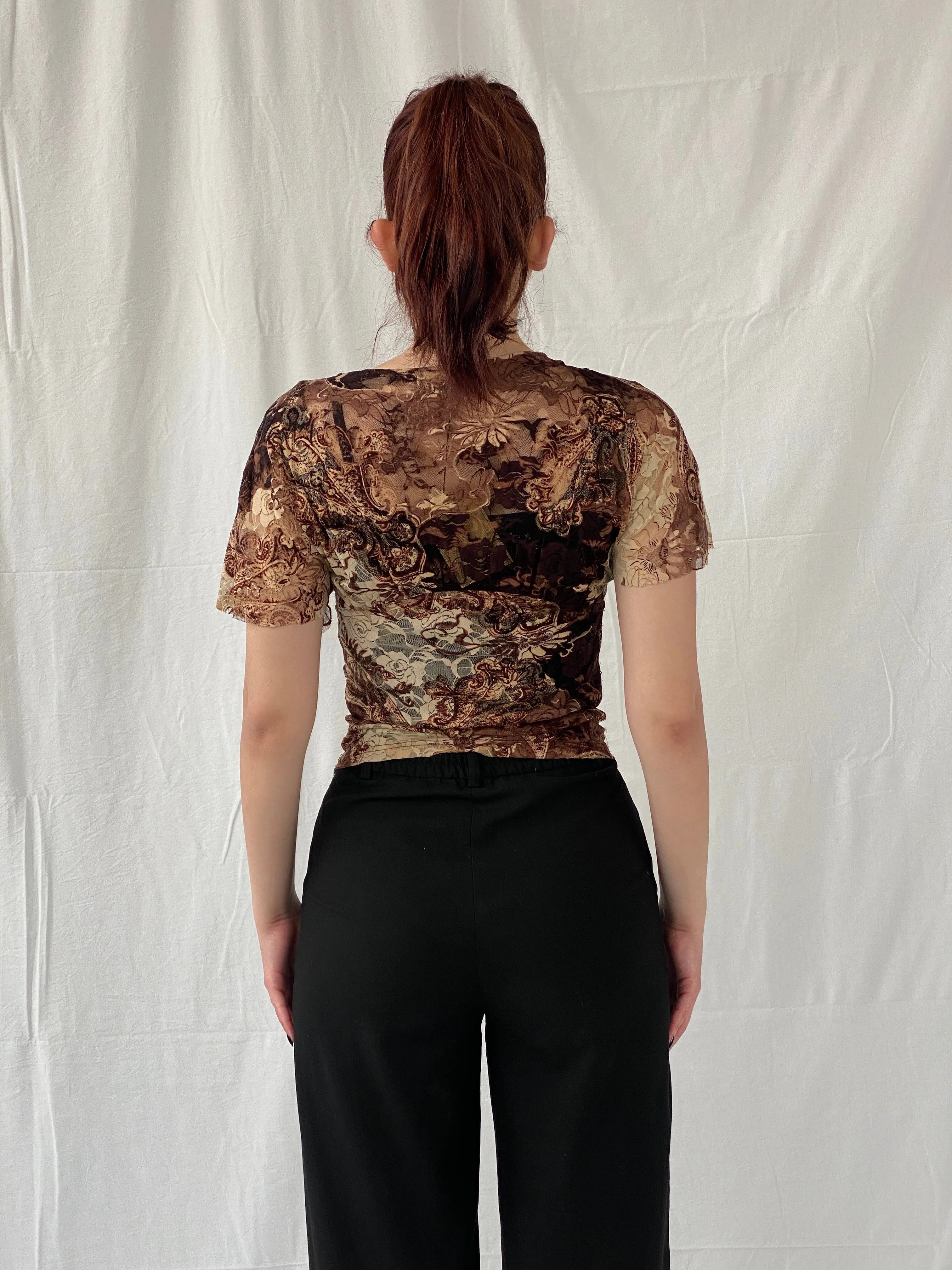 Vintage Y2K BSB Collection Brown Floral Lace V-Neck Women’s Top - S - Balagan Vintage Half Sleeve Top 00s, Ayah, knitted, women top