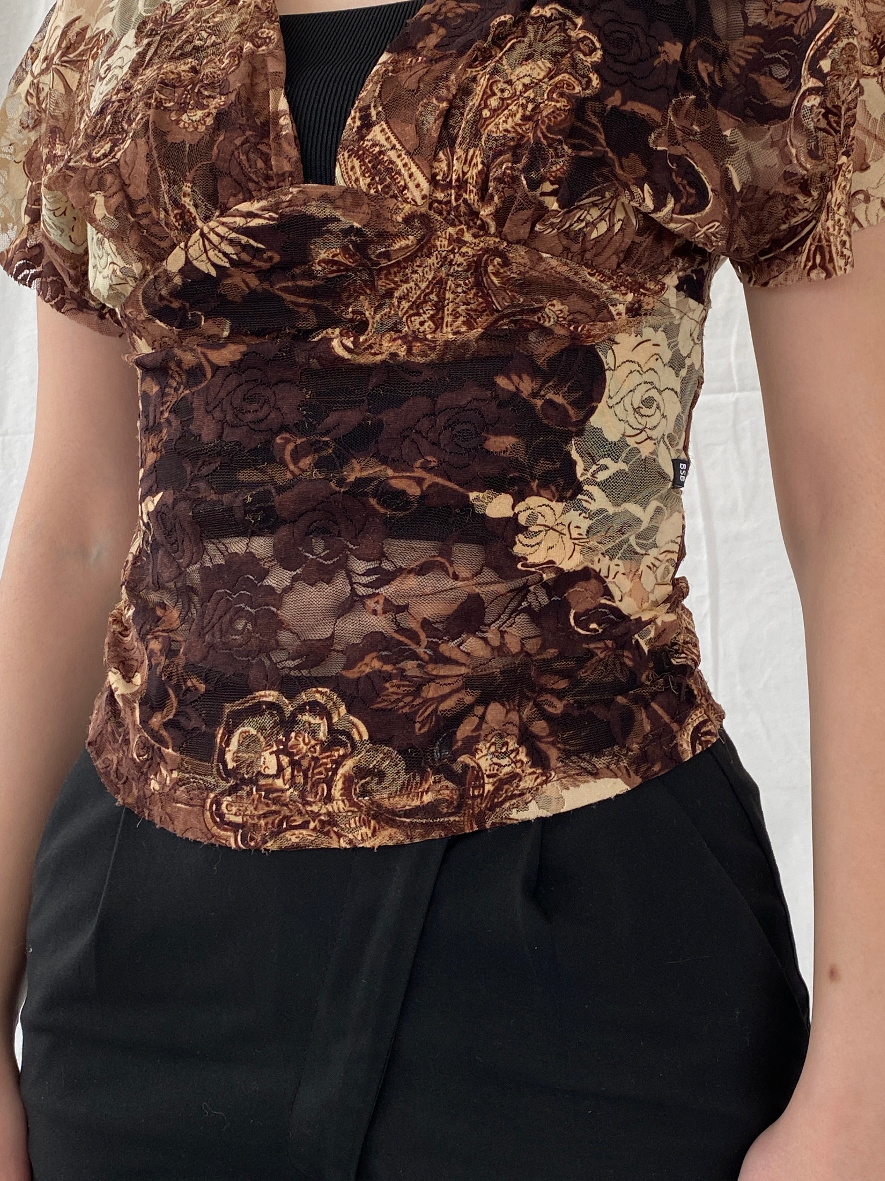 Vintage Y2K BSB Collection Brown Floral Lace V-Neck Women’s Top - S - Balagan Vintage Half Sleeve Top 00s, Ayah, knitted, NEW IN, women top