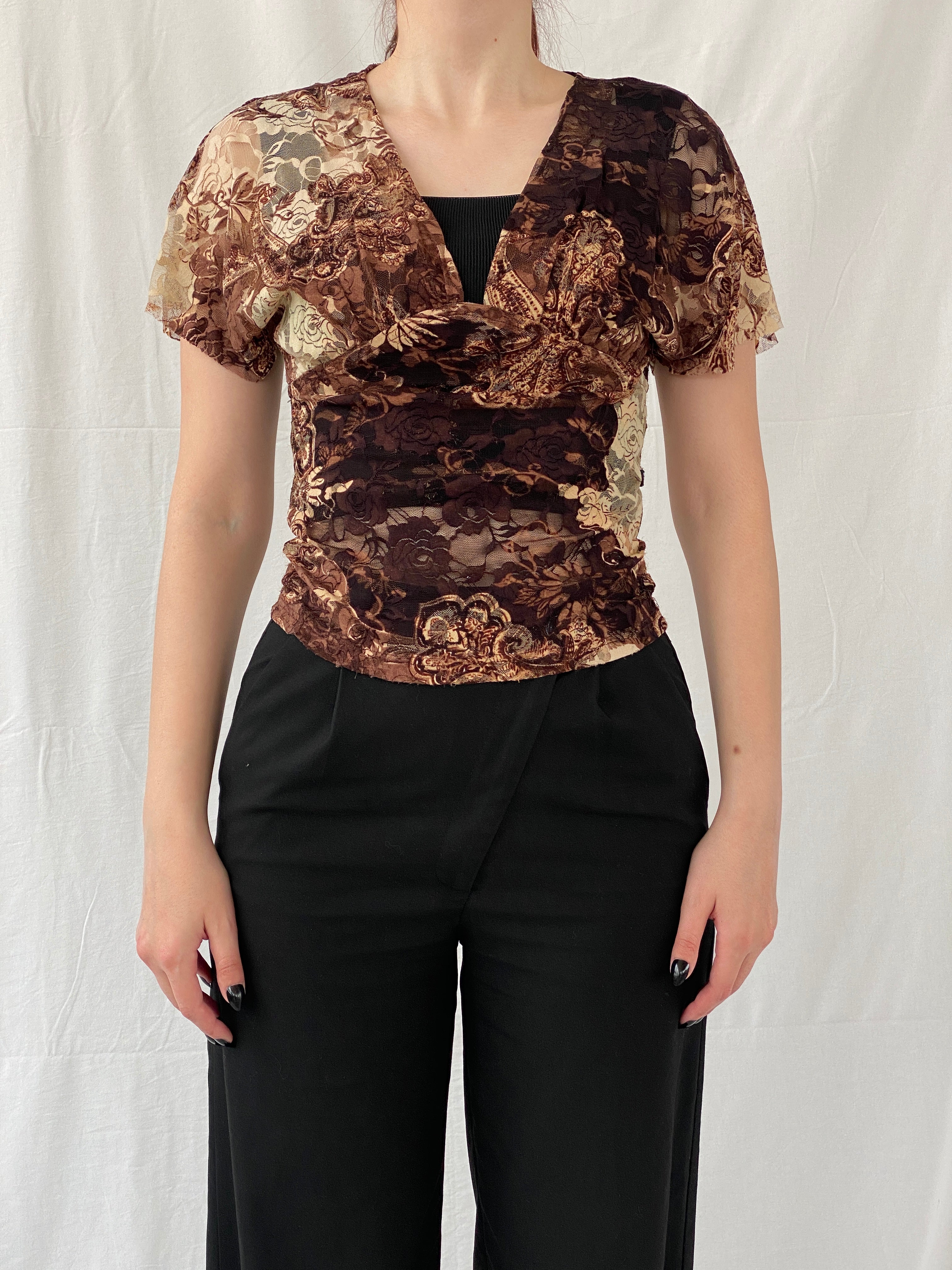 Vintage Y2K BSB Collection Brown Floral Lace V-Neck Women’s Top - S - Balagan Vintage Half Sleeve Top 00s, Ayah, knitted, NEW IN, women top