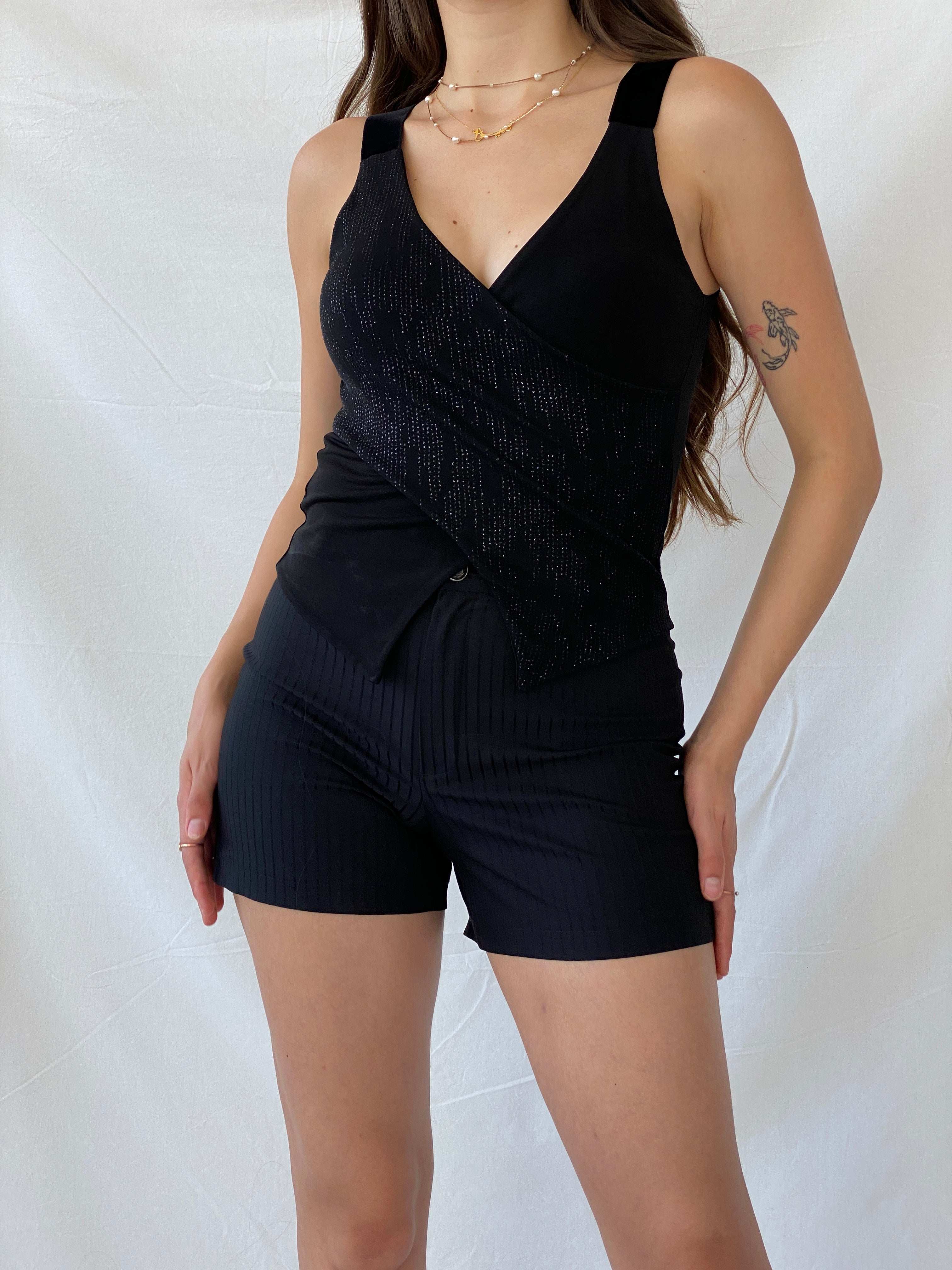 Vintage Y2K BSB Collection Sparkly Black Top With Velvet Straps - S - Balagan Vintage Sleeveless Top 00s, Mira, women top