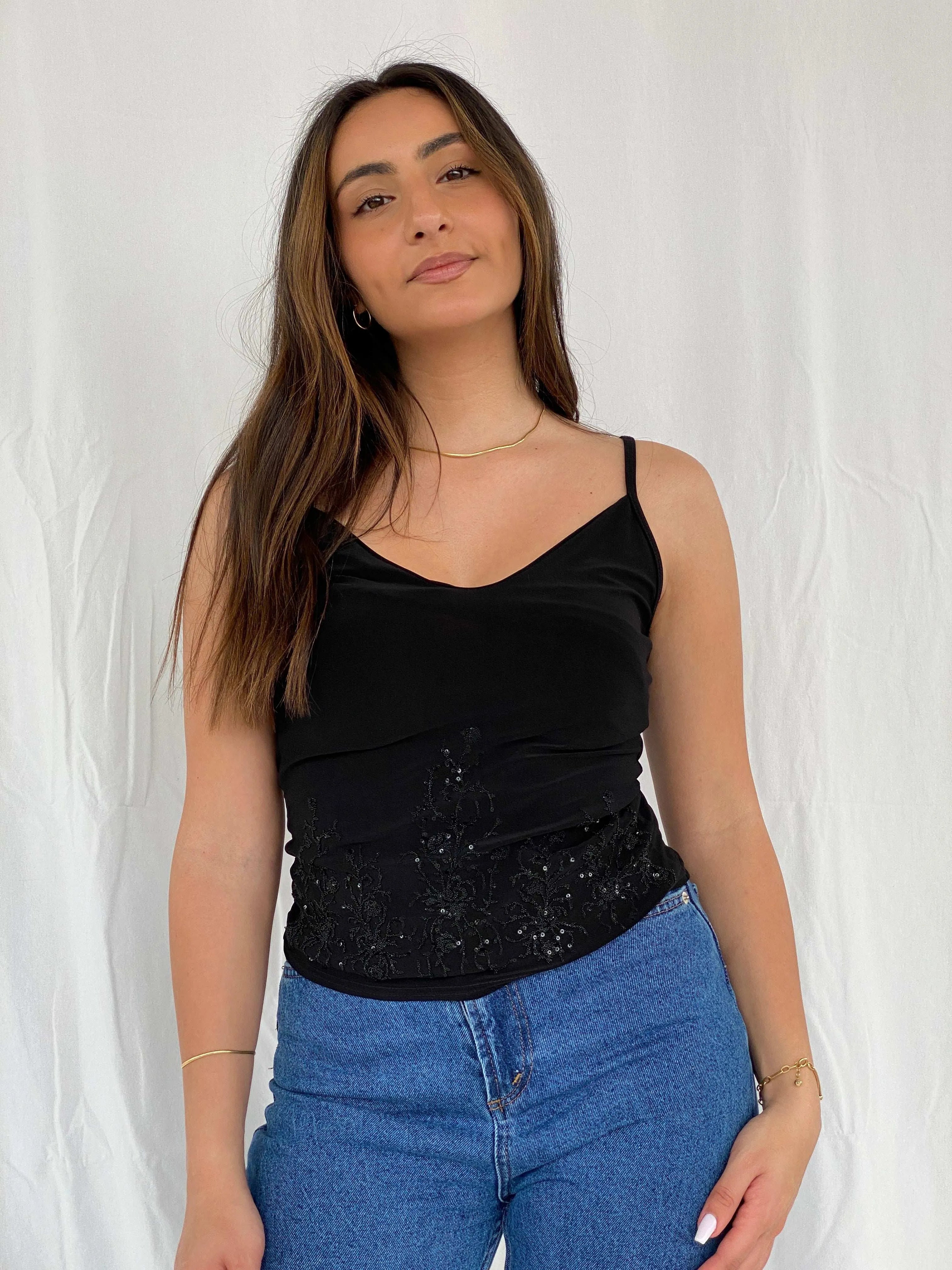 Vintage Y2K Cami Beaded Black Top - Size M - Balagan Vintage Sleeveless Top 00s, Rama, sleeveless top, summer
