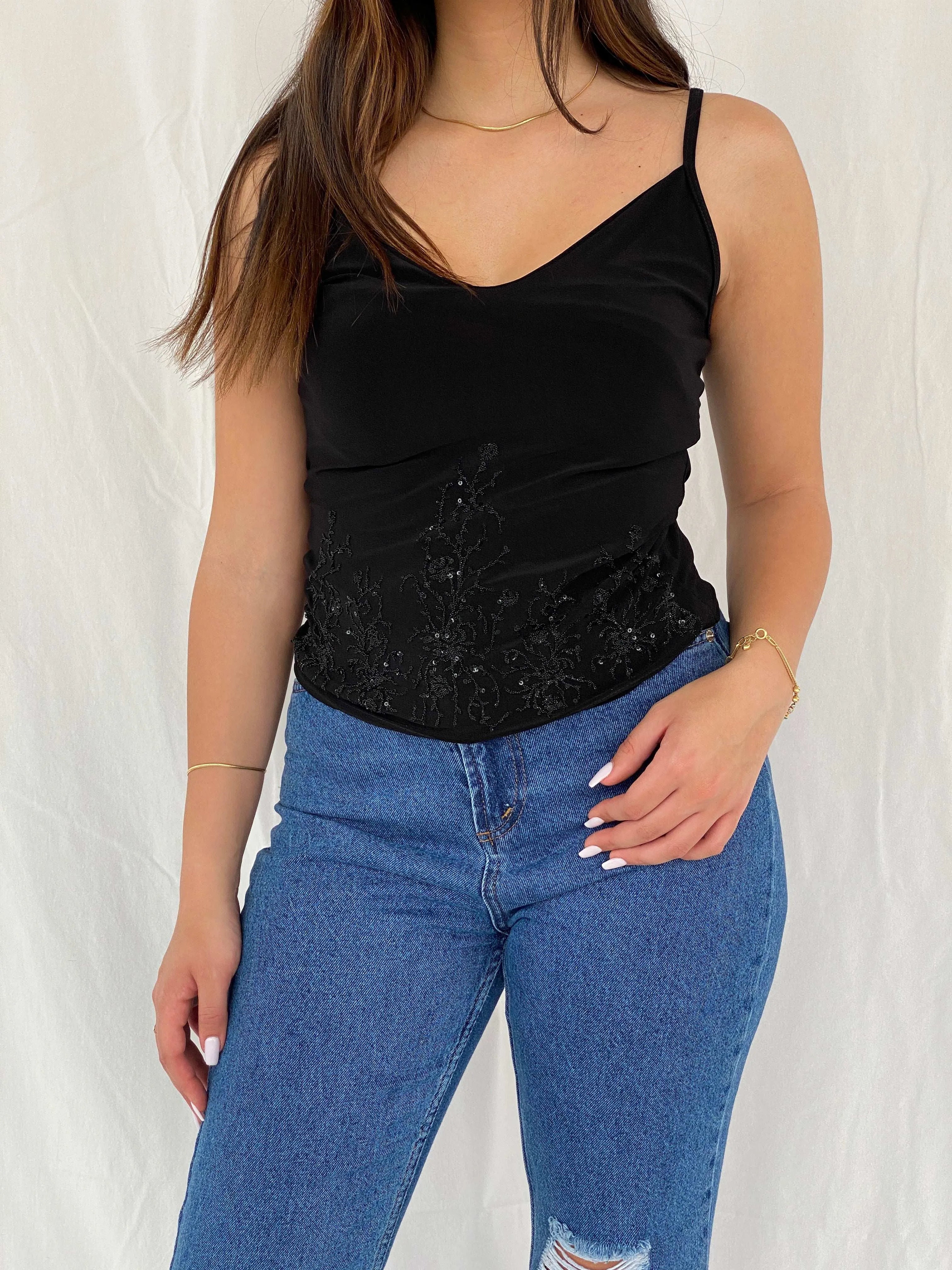 Vintage Y2K Cami Beaded Black Top - Size M - Balagan Vintage Sleeveless Top 00s, Rama, sleeveless top, summer