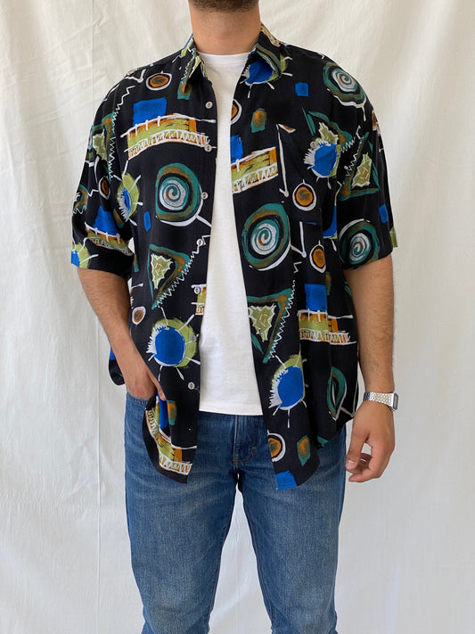 Vintage Y2K Canda Crazy Pattern Short Sleeve Button Up Men’s Shirt - XL - Balagan Vintage Half Sleeve Shirt 90s, half sleeve shirt, mens shirt, multicolored, printed shirt, Ramez