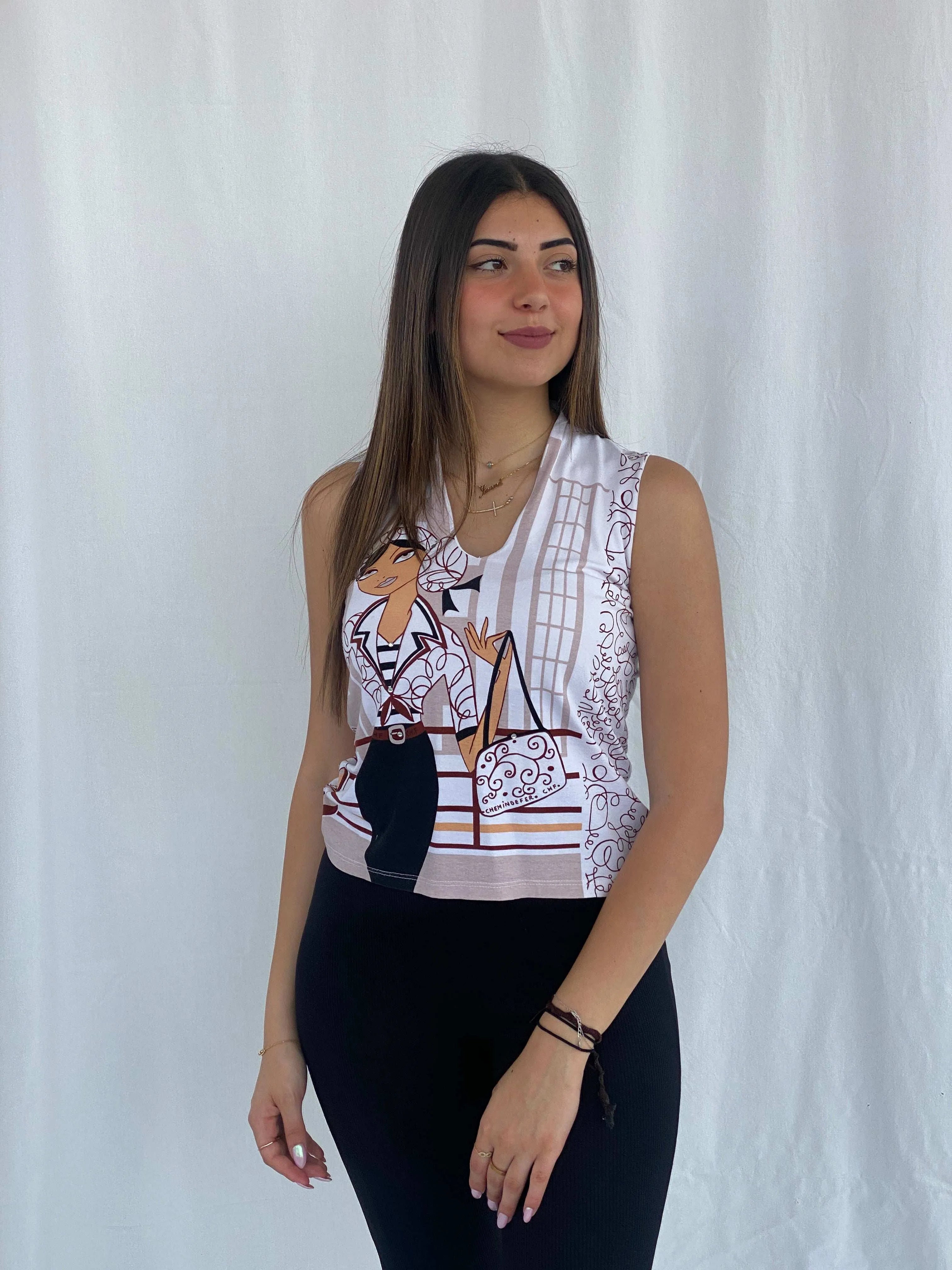Vintage Y2K Chemindefer Printed Sleeveless Top - Size L - Balagan Vintage Sleeveless Top groovy, Juana, sleeveless top, women skirt